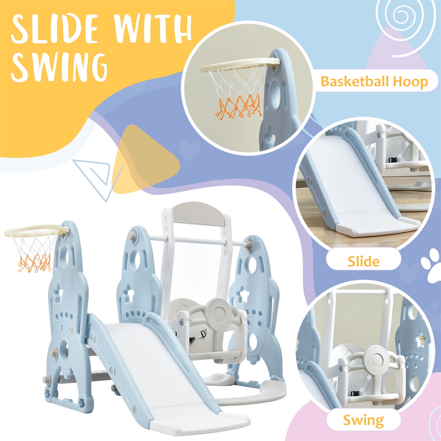 CIPACHO Toddler Slide and Swing Set, Kids Slide with Basketball Hoop, Slide Toddler Playset, Indoor Outdoor Baby Playground, Baby Blue