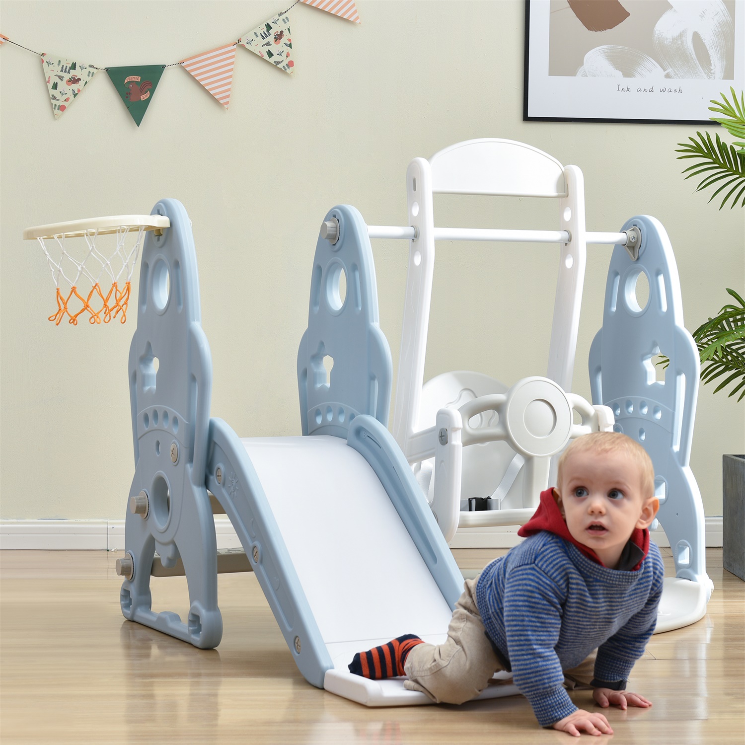 CIPACHO Toddler Slide and Swing Set, Kids Slide with Basketball Hoop, Slide Toddler Playset, Indoor Outdoor Baby Playground, Baby Blue