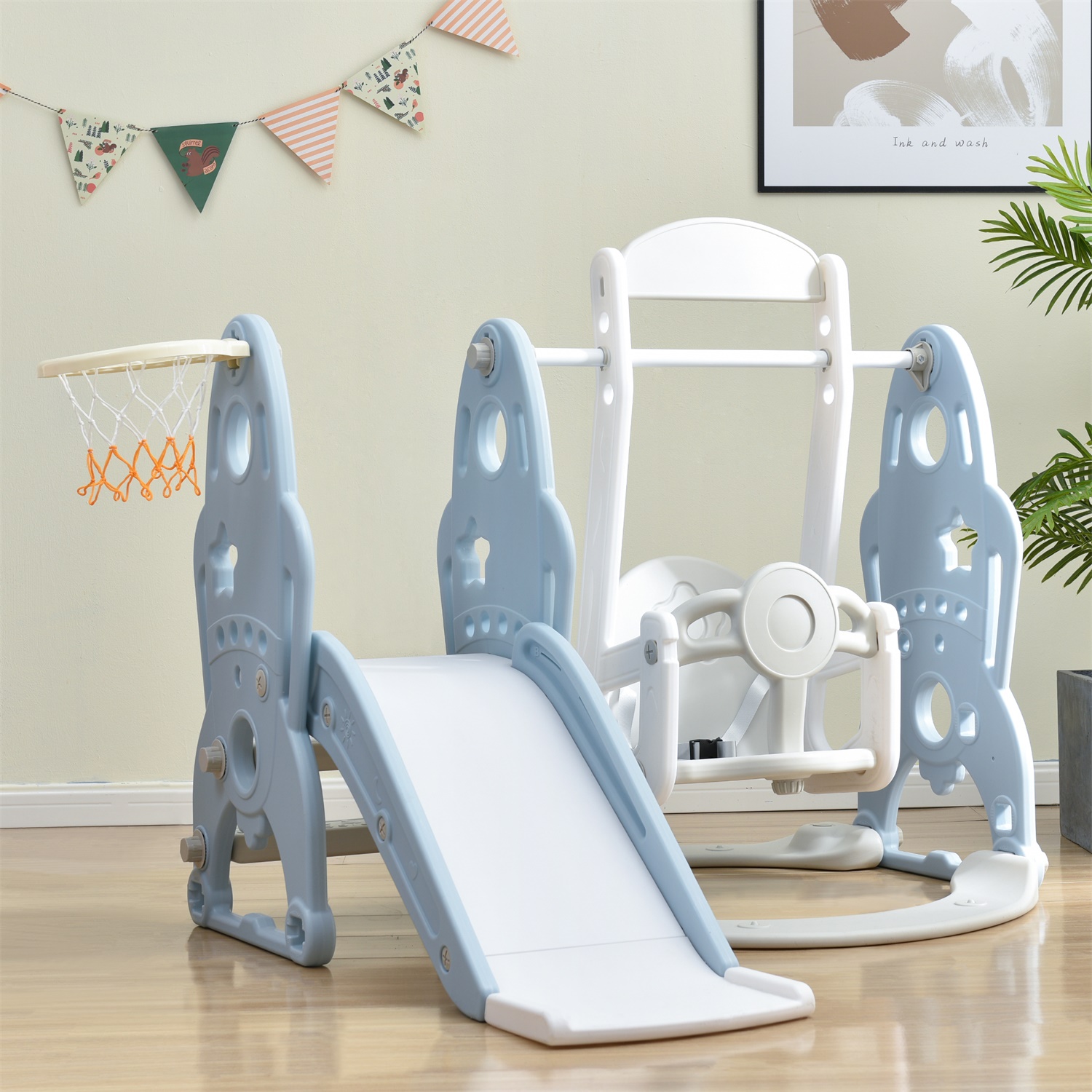 CIPACHO Toddler Slide and Swing Set, Kids Slide with Basketball Hoop, Slide Toddler Playset, Indoor Outdoor Baby Playground, Baby Blue