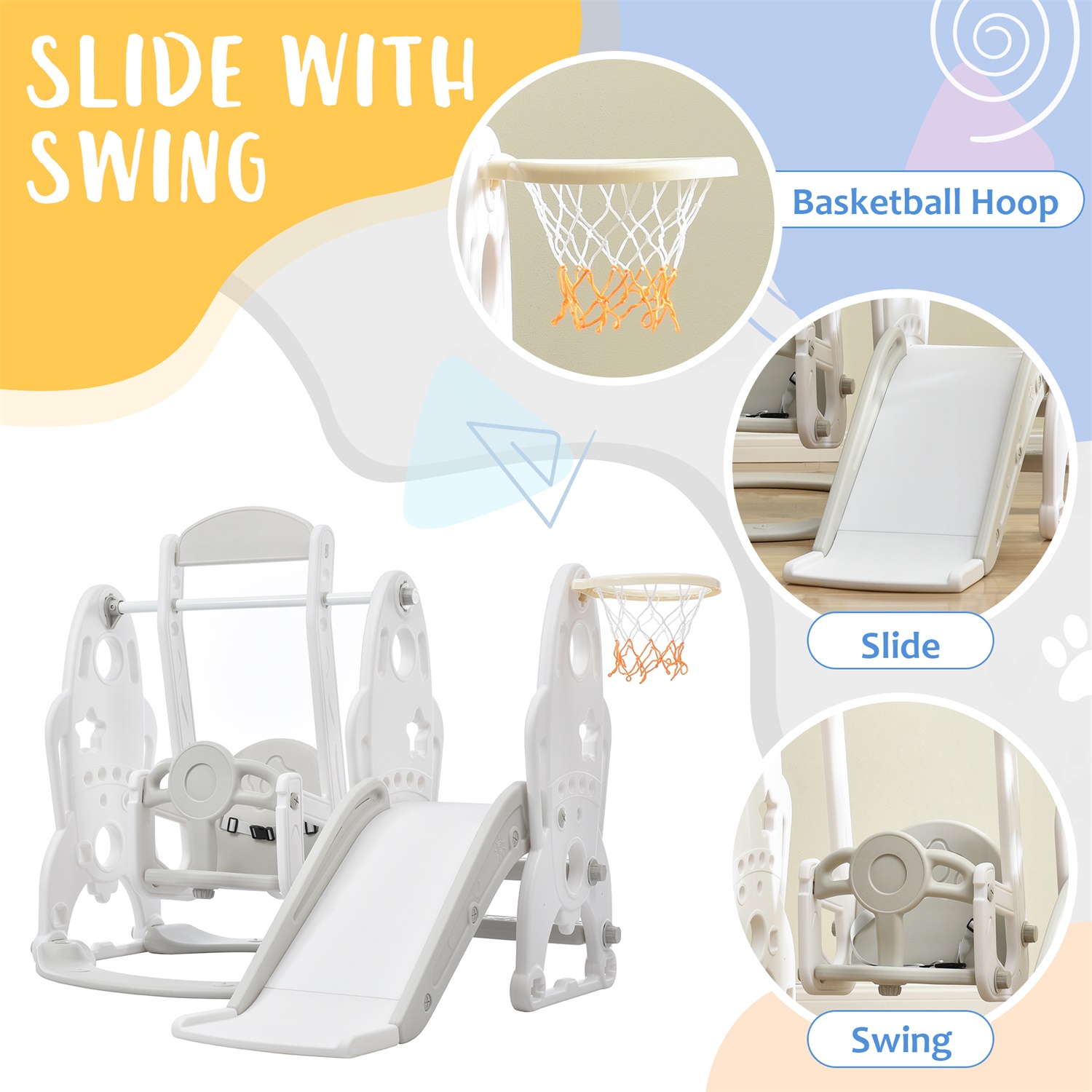 CIPACHO Slide and Swing Set for Toddler, Kids Playground Swing Playset with Basketball Hoop, Gray