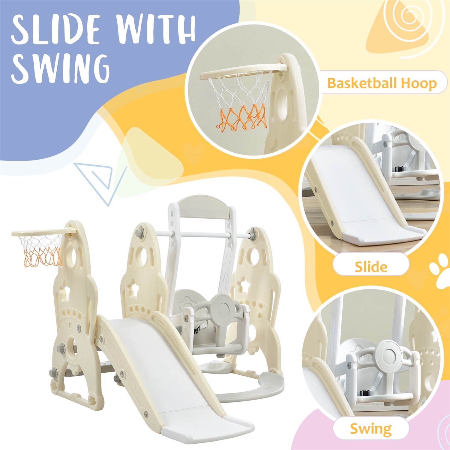 CIPACHO Toddler Slide and Swing Set, Kids Slide with Basketball Hoop, Slide Toddler Playset, Indoor Outdoor Baby Playground, Yellow