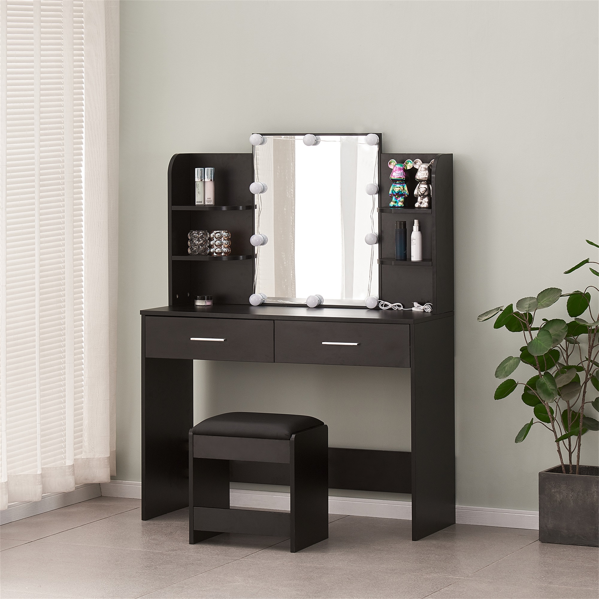 Spaco Small Makeup Vanity Desk with Mirror and Light Makeup Vanity, Black Vanity