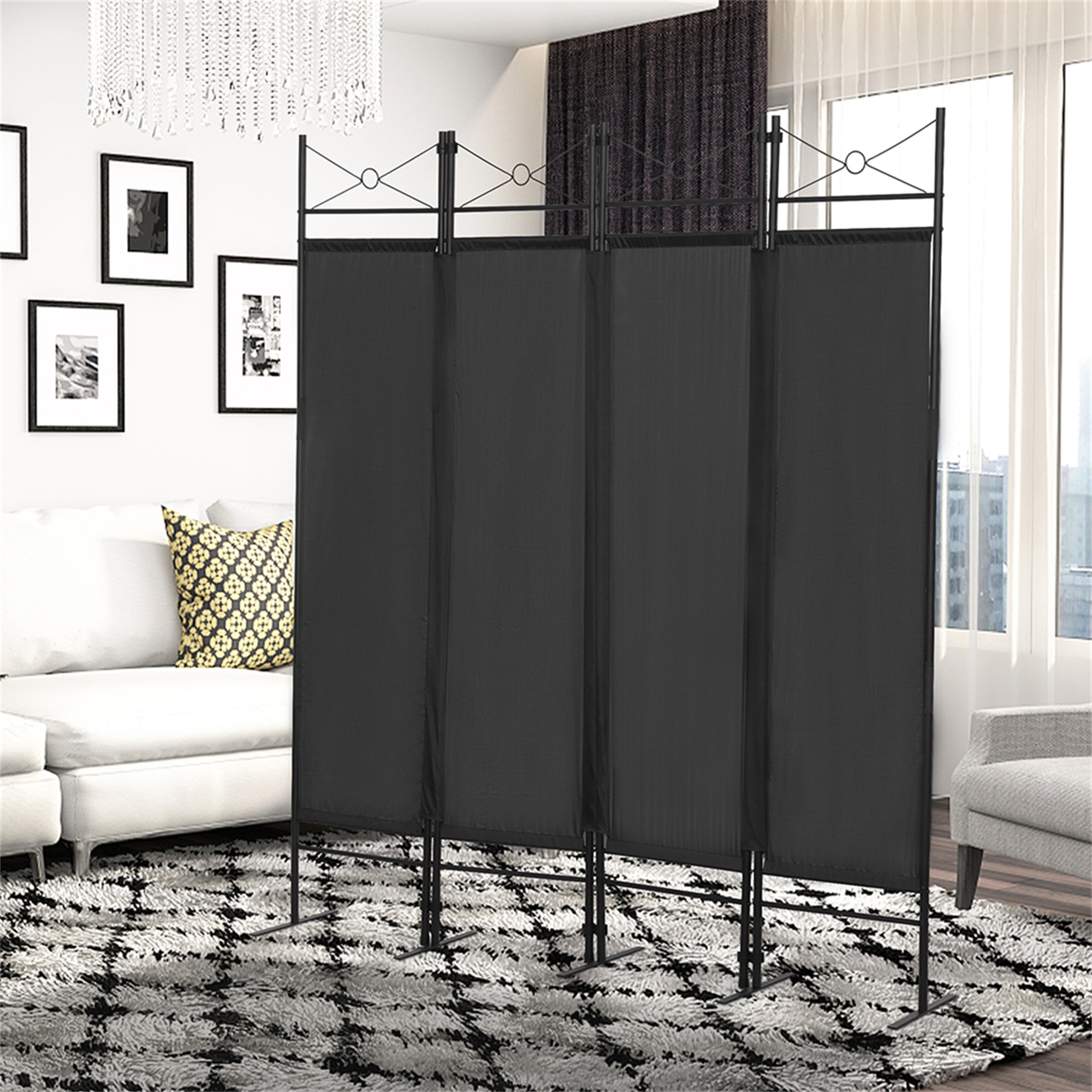 Kadyn 4-Panel Metal Folding Room Divider, 5.94Ft Freestanding Room Screen Partition Privacy Display for Bedroom, Black