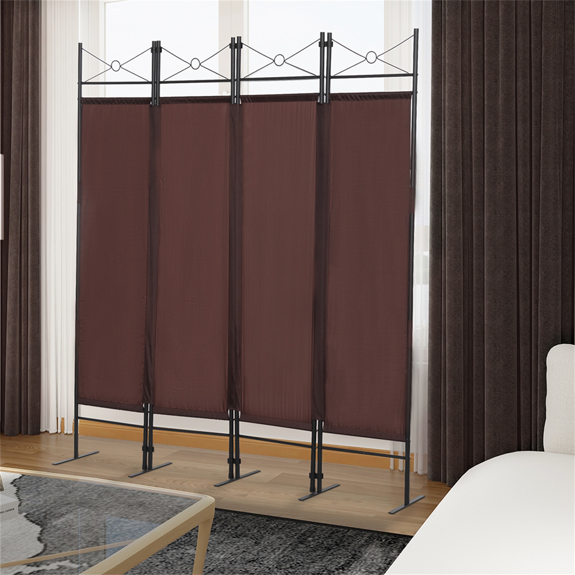 Kadyn 4-Panel Metal Folding Room Divider, 5.94Ft Freestanding Room Screen Partition Privacy Display for Bedroom, Brown