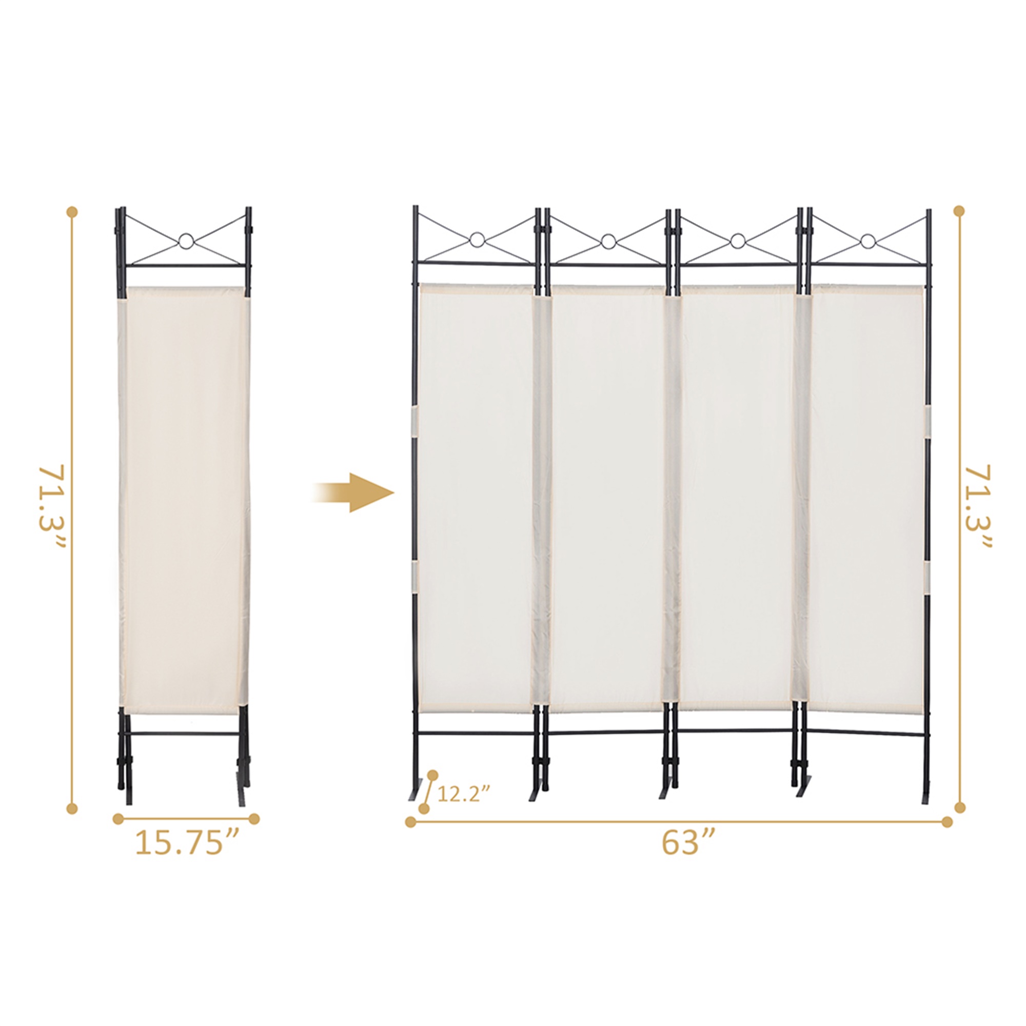 Kadyn 4-Panel Metal Folding Room Divider, 5.94Ft Freestanding Room Screen Partition Privacy Display for Bedroom, Beige