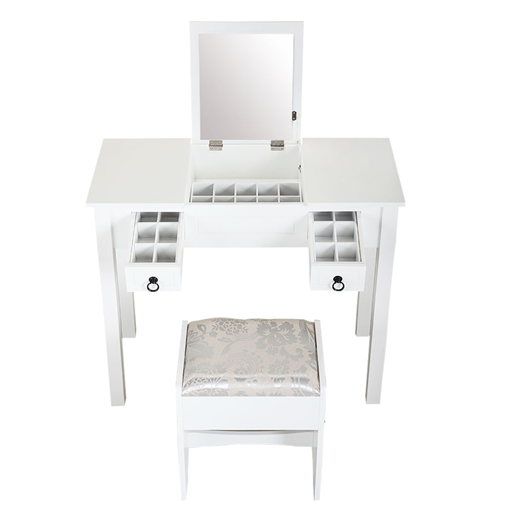 Kadyn Makeup Vanity Set, Vanity Desk with Flip Top Mirror Makeup and 2 Drawers Cushioned Stool 3 Removable Organizers, White