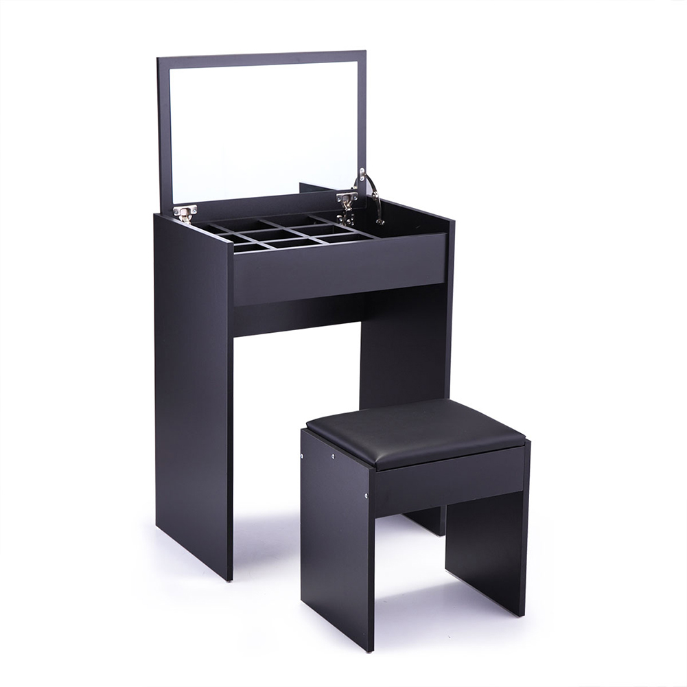 Kadyn Vanity Table and Stool Set, Dressing Table Writing Desk with Flip Top Mirror Makeup and Cushioned Stool, Black