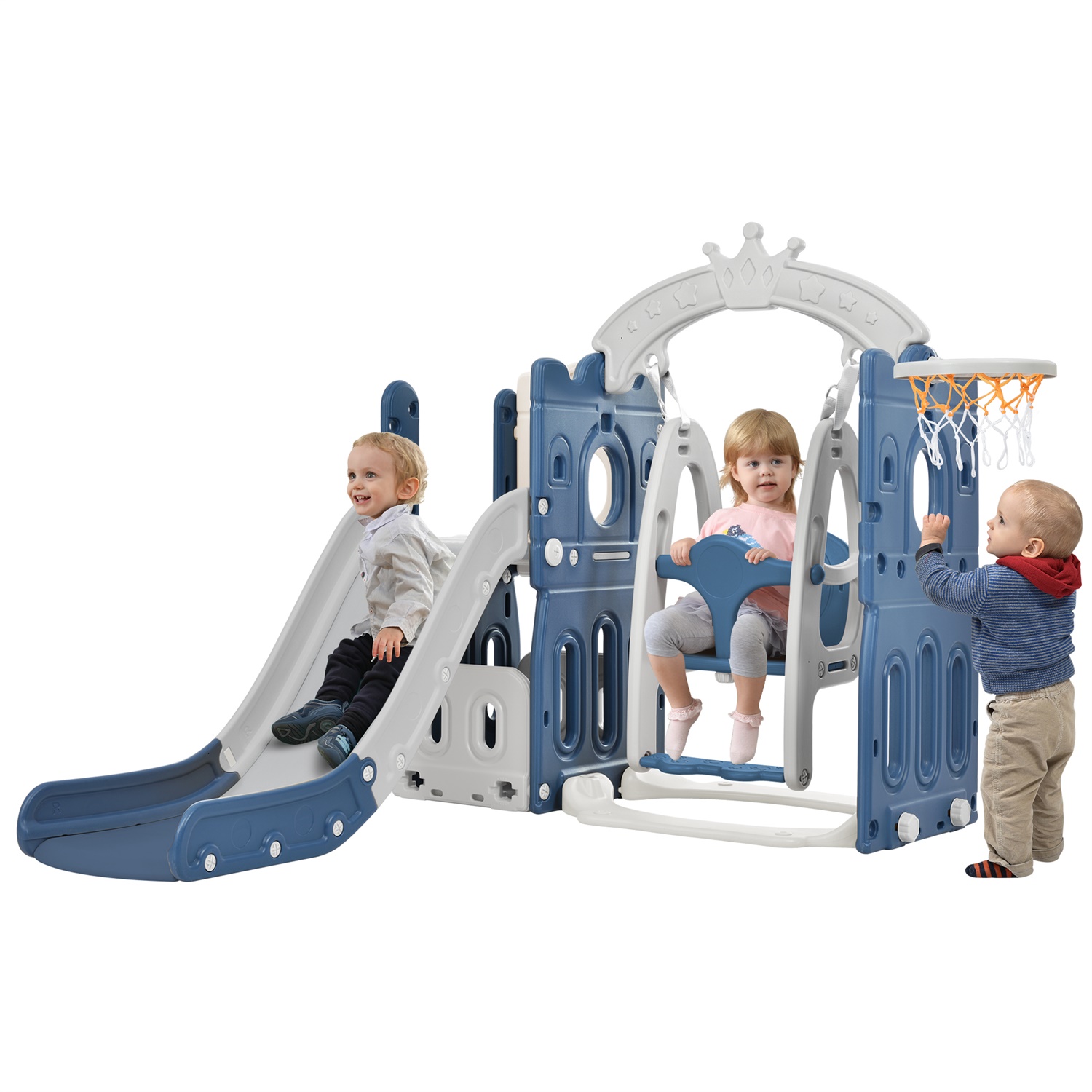 CIPACHO Toddler Slide and Swing Set, Kids Playground with Basketball Hoops, Blue+Gray