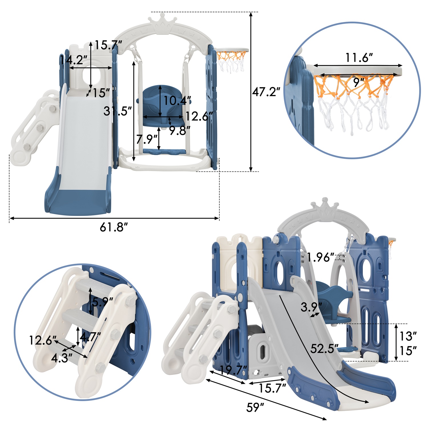 CIPACHO Kids Slide and Swing Set for Toddler Age 1-5, Backyard Baby Playground Toys, Blue+Gray