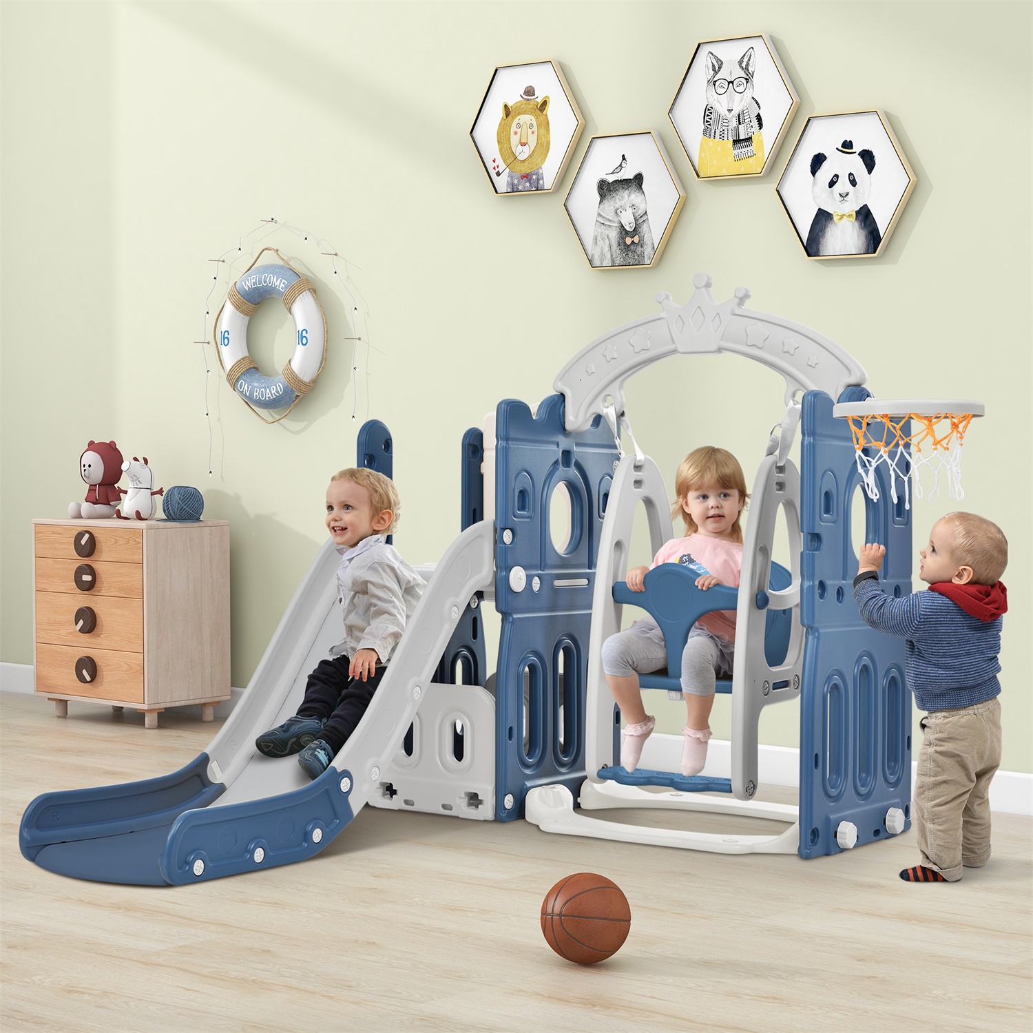 CIPACHO Kids Slide and Swing Set for Toddler Age 1-5, Backyard Baby Playground Toys, Blue+Gray