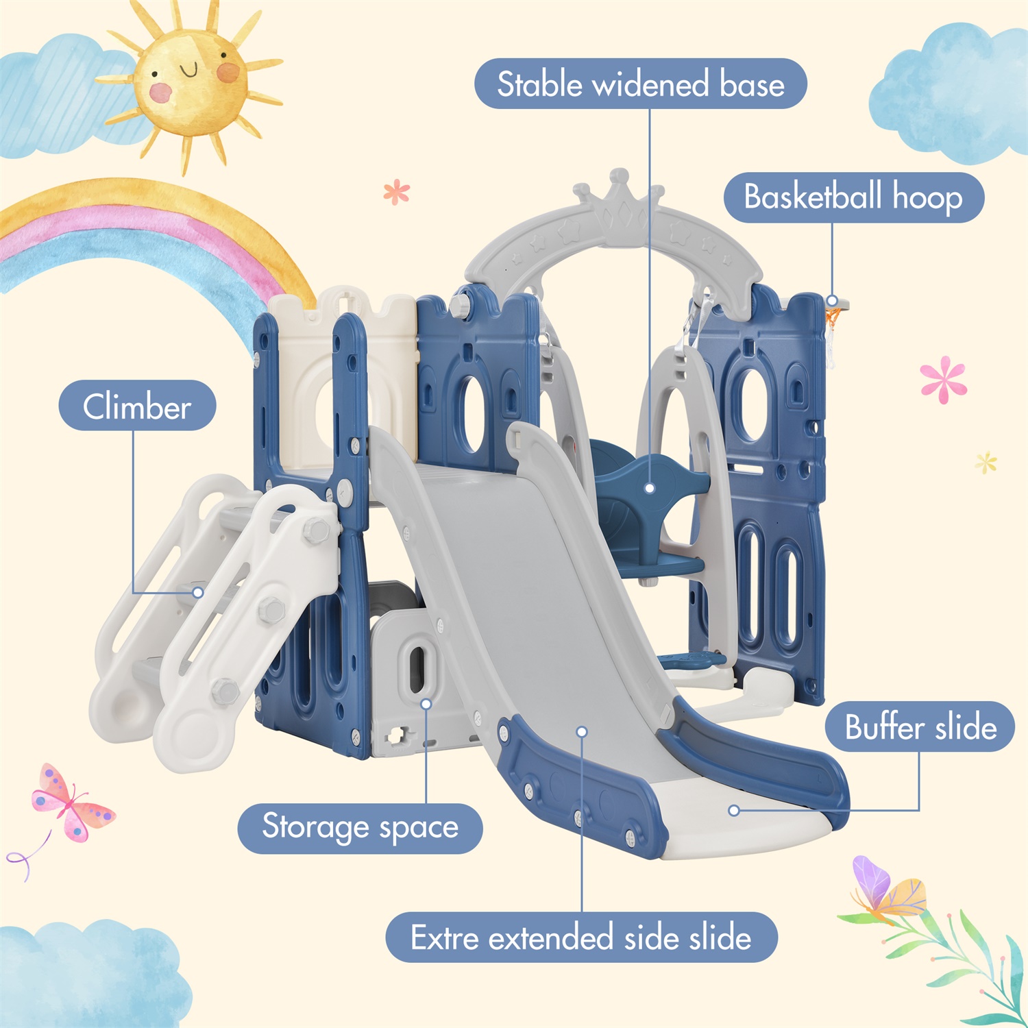 CIPACHO Kids Slide and Swing Set for Toddler Age 1-5, Backyard Baby Playground Toys, Blue+Gray