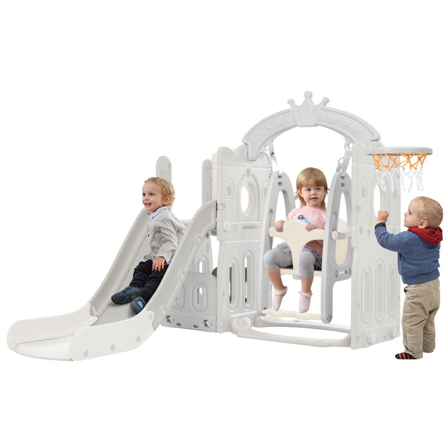 CIPACHO Toddler Slide and Swing Set, Kids Playground with Basketball Hoops, Gray