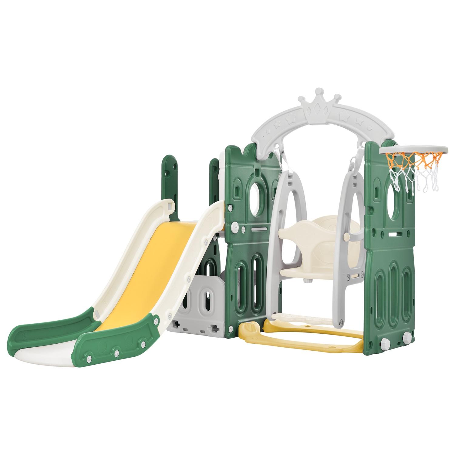 CIPACHO Toddler Slide and Swing Set, Kids Playground with Basketball Hoops, Green