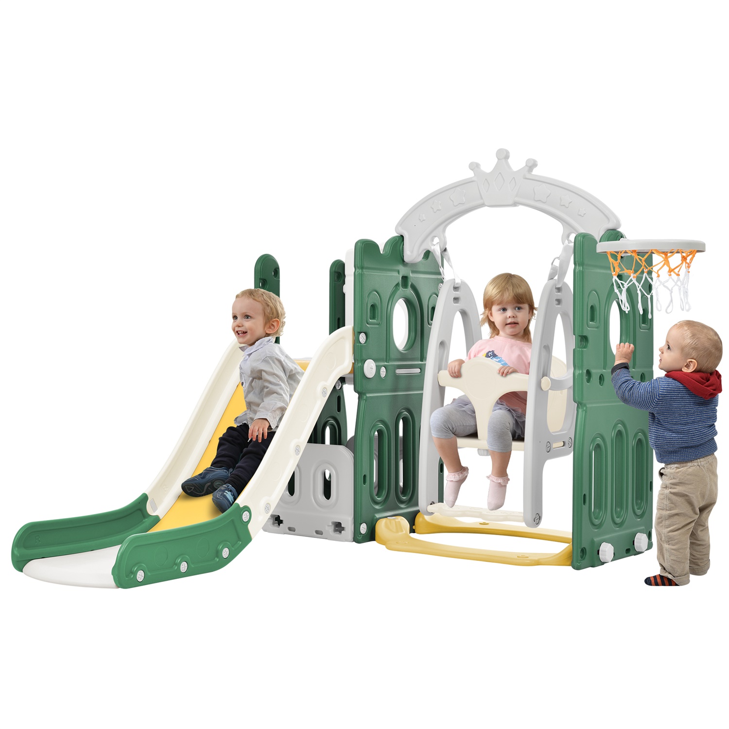 CIPACHO Toddler Slide and Swing Set, Kids Playground with Basketball Hoops, Green