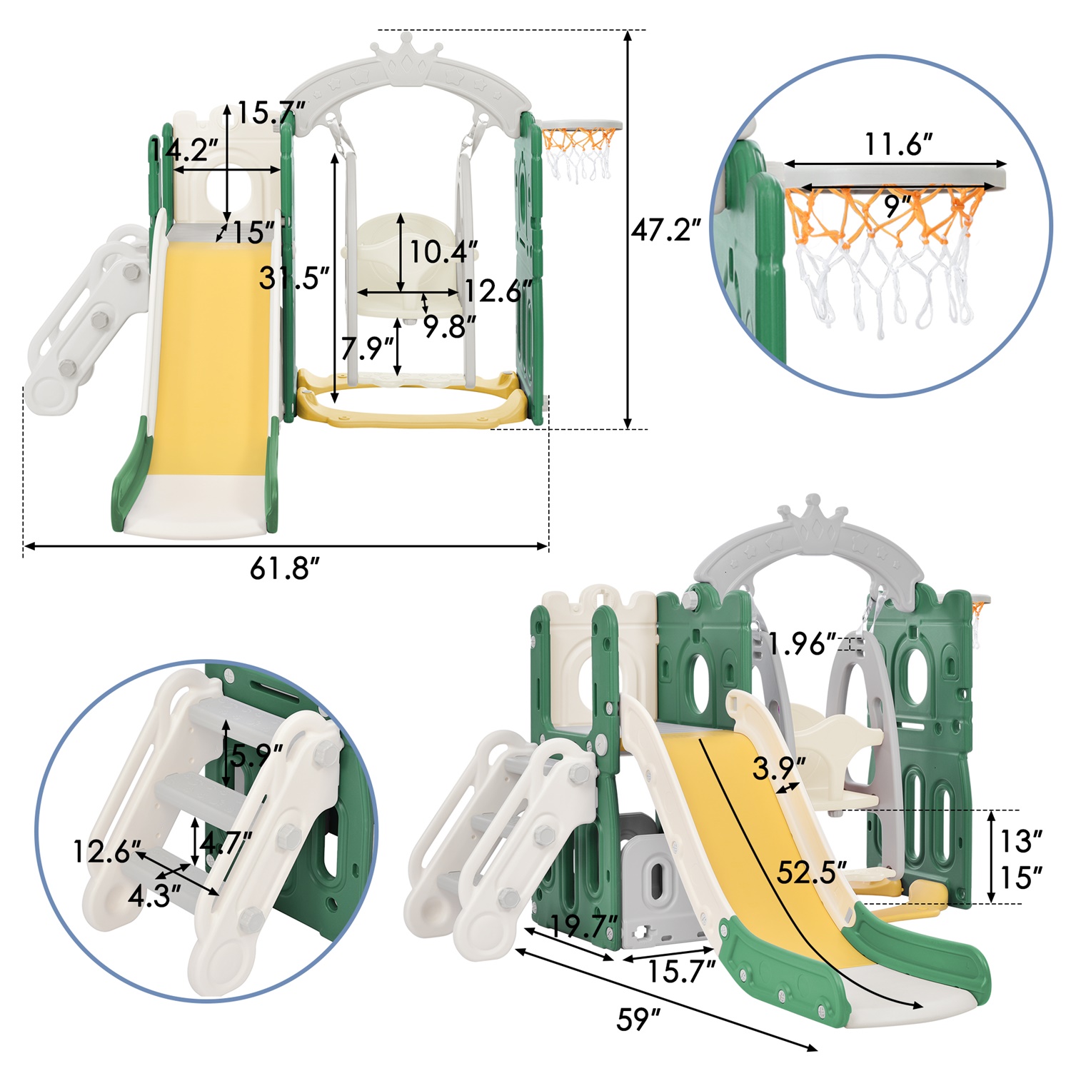 CIPACHO Toddler Slide and Swing Set, Kids Playground with Basketball Hoops, Green