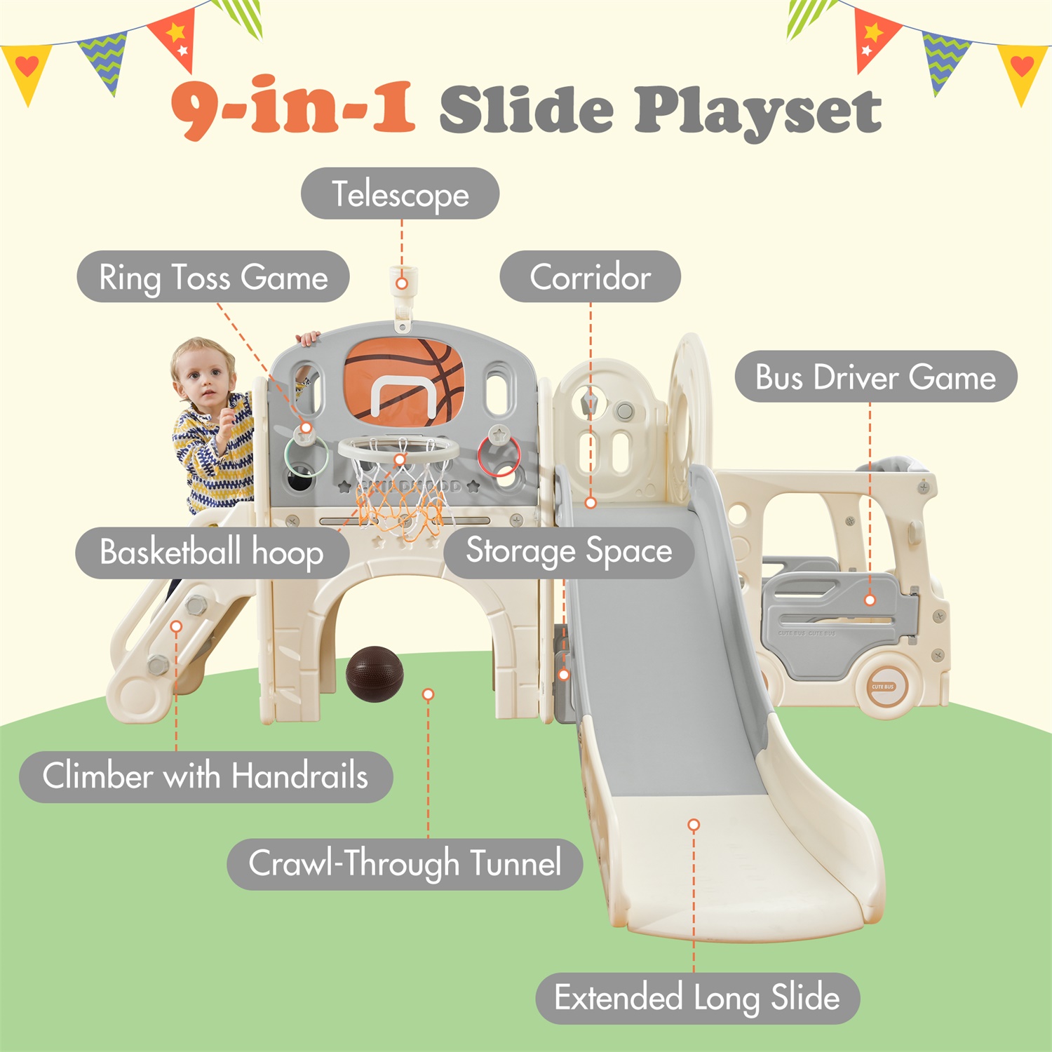 CIPACHO Freestanding Slide Playset Toys, Bus Themed Slide for Baby Indoor Outdoor, Gray