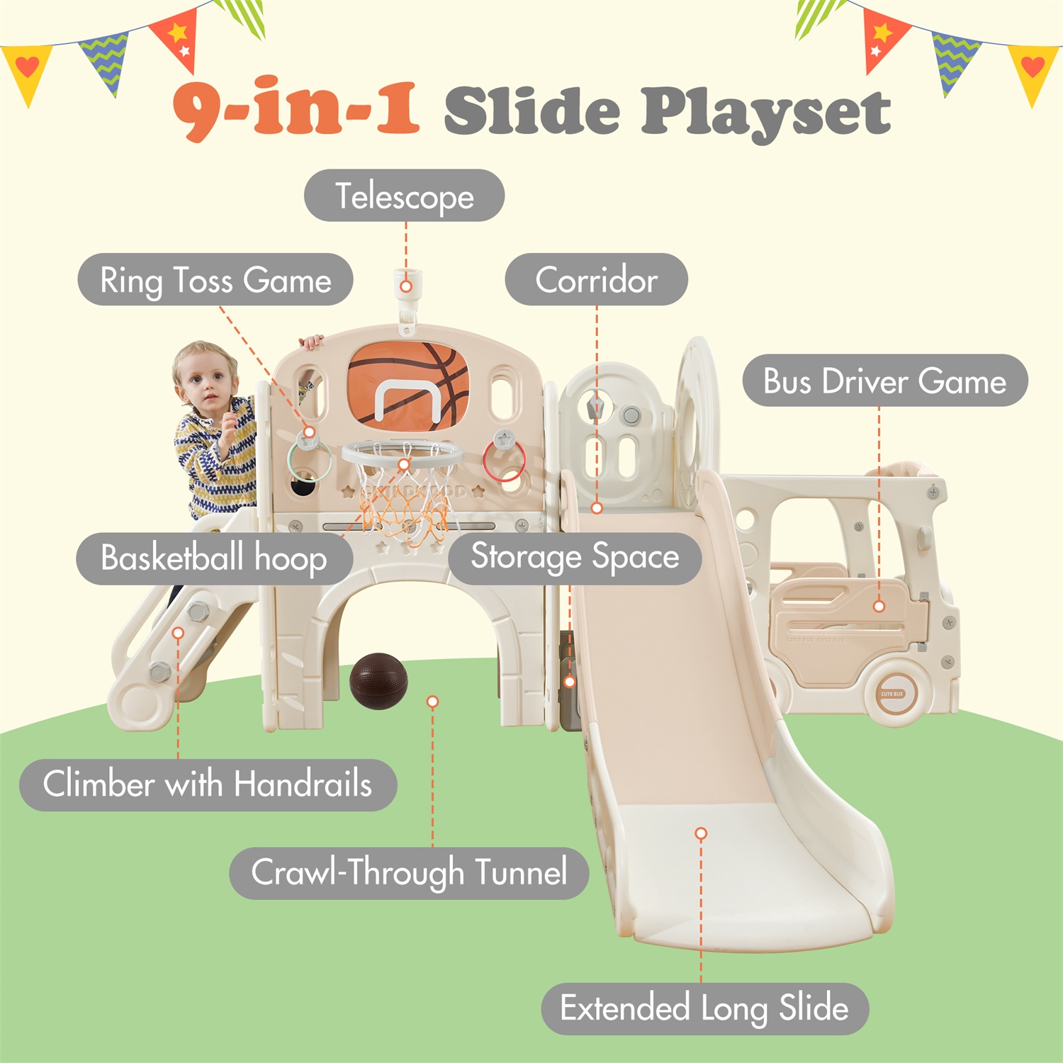 CIPACHO Freestanding Slide Playset Toys, Bus Themed Slide for Baby Indoor Outdoor, Pink