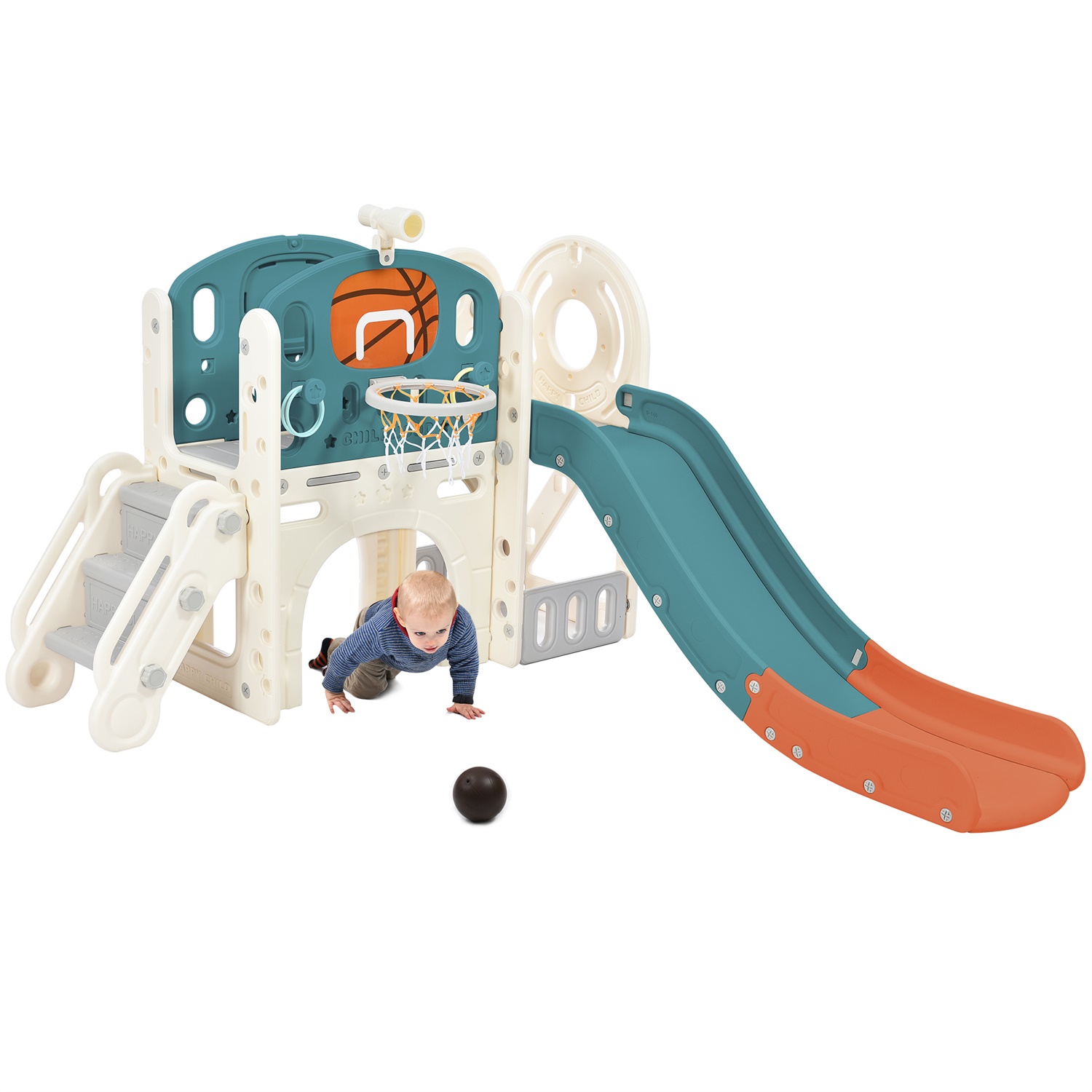 CIPACHO Kids Slide Playset with Slide, Arch Tunnel, Ring Toss, Basketball Hoop, and Toy Storage Organizer for Toddlers, Green