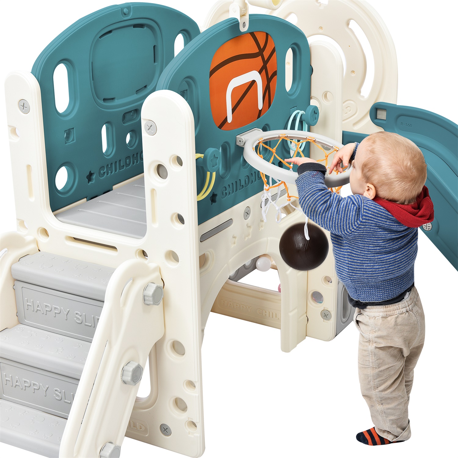 CIPACHO Kids Climbers Playground with Slide, Arch Tunnel, Ring Toss, and Basketball Hoop, Toy Storage Organizer, Green