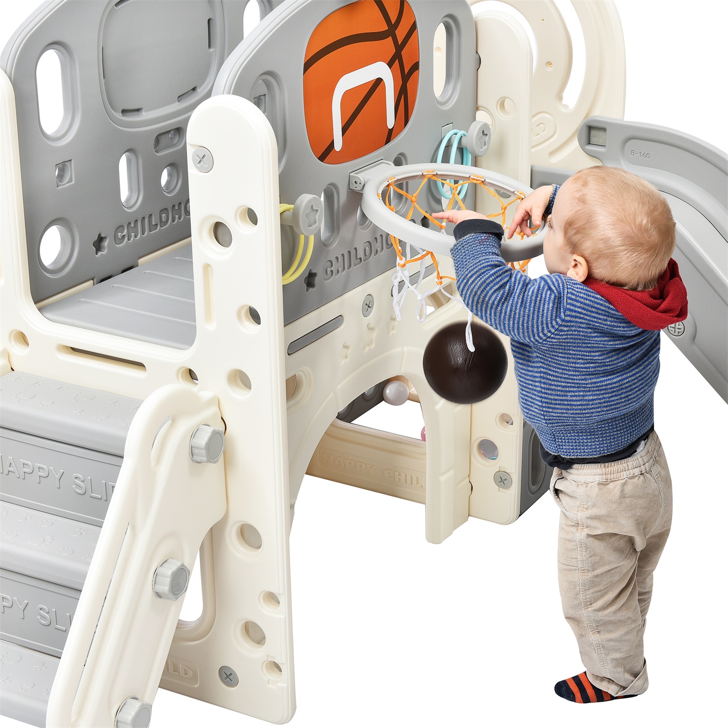 CIPACHO Kids Slide Playset with Slide, Arch Tunnel, Ring Toss, Basketball Hoop, and Toy Storage Organizer for Toddlers, Gray