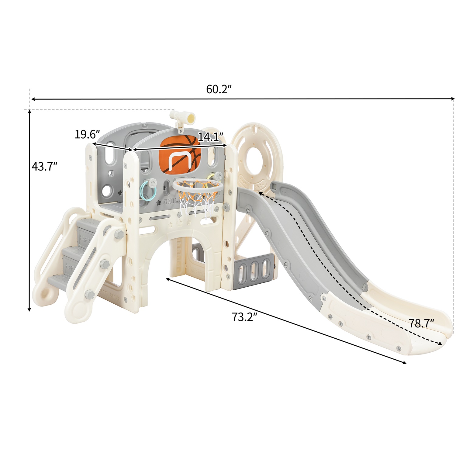 CIPACHO Kids Climbers Playground with Slide, Arch Tunnel, Ring Toss, and Basketball Hoop, Toy Storage Organizer, Gray