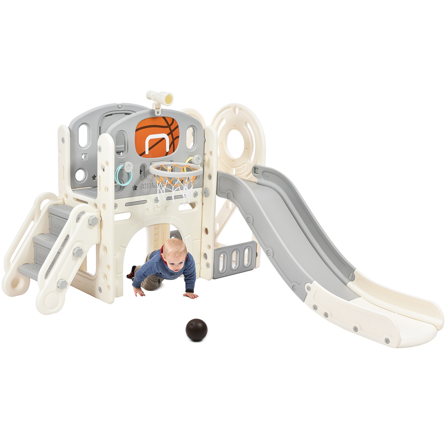 CIPACHO Kids Slide Playset with Slide, Arch Tunnel, Ring Toss, Basketball Hoop, and Toy Storage Organizer for Toddlers, Gray