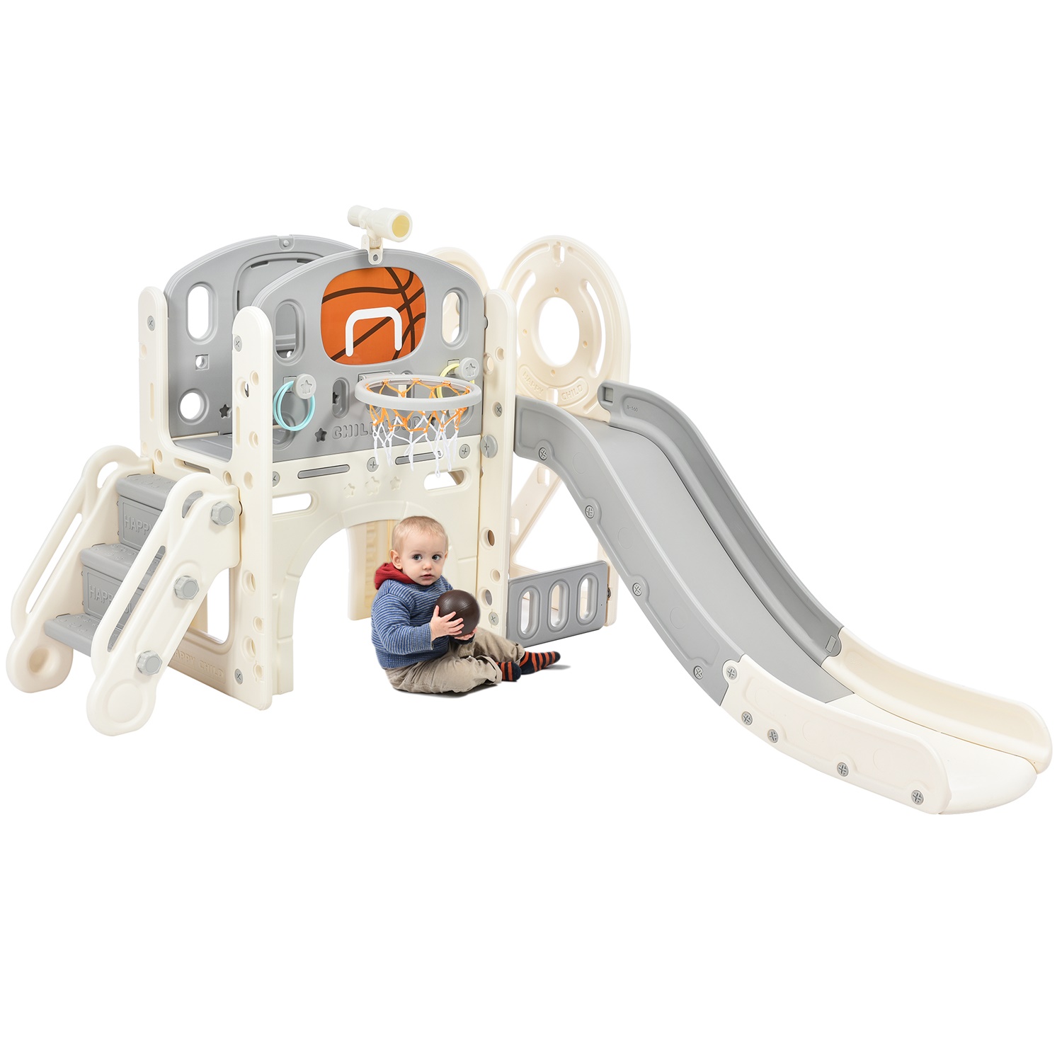 CIPACHO Kids Climbers Playground with Slide, Arch Tunnel, Ring Toss, and Basketball Hoop, Toy Storage Organizer, Gray