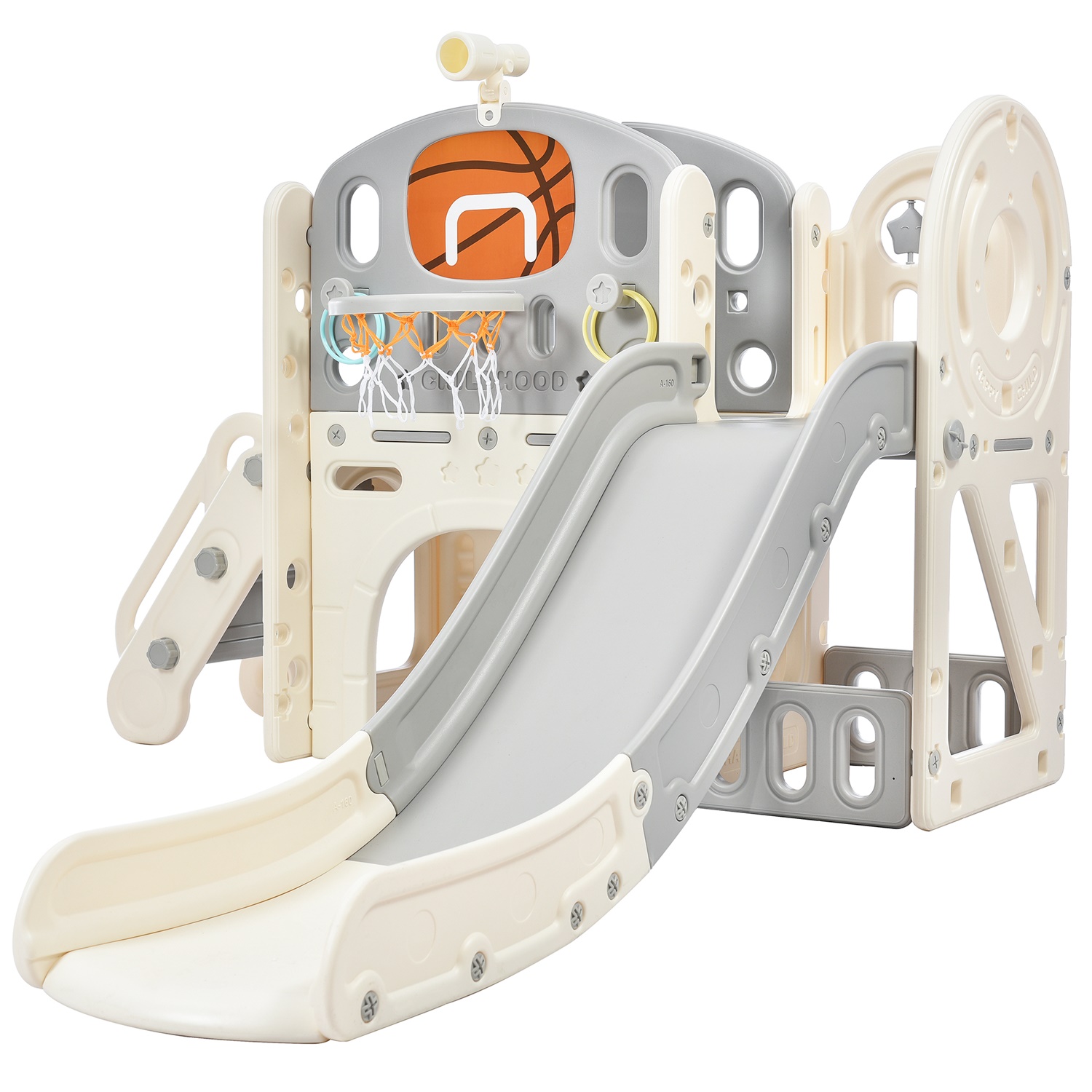 CIPACHO Kids Climbers Playground with Slide, Arch Tunnel, Ring Toss, and Basketball Hoop, Toy Storage Organizer, Gray