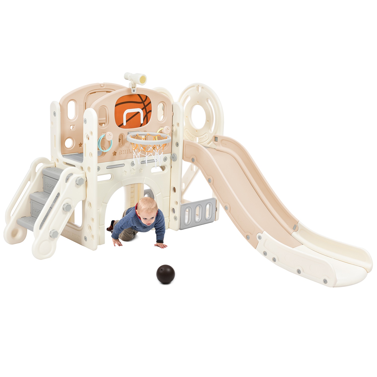 CIPACHO Kids Slide Playset with Slide, Arch Tunnel, Ring Toss, Basketball Hoop, and Toy Storage Organizer for Toddlers, Pink