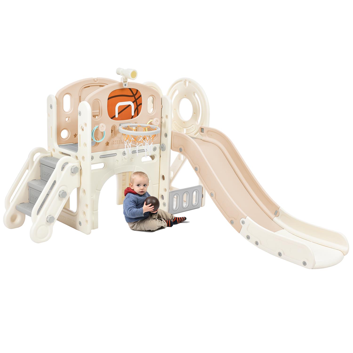 CIPACHO Kids Climbers Playground with Slide, Arch Tunnel, Ring Toss, and Basketball Hoop, Toy Storage Organizer, Pink