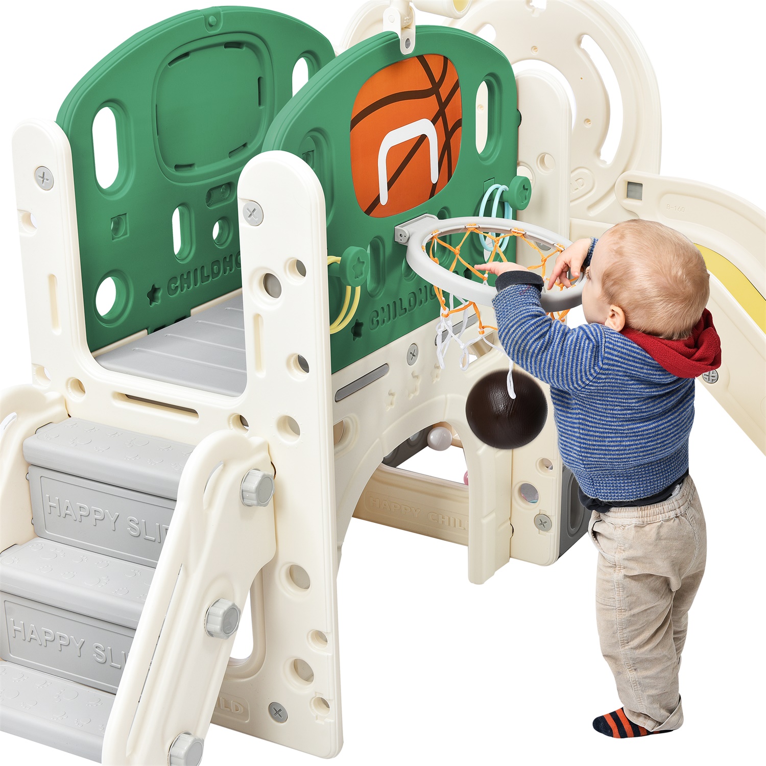 CIPACHO Kids Climbers Playground with Slide, Arch Tunnel, Ring Toss, and Basketball Hoop, Toy Storage Organizer, Green