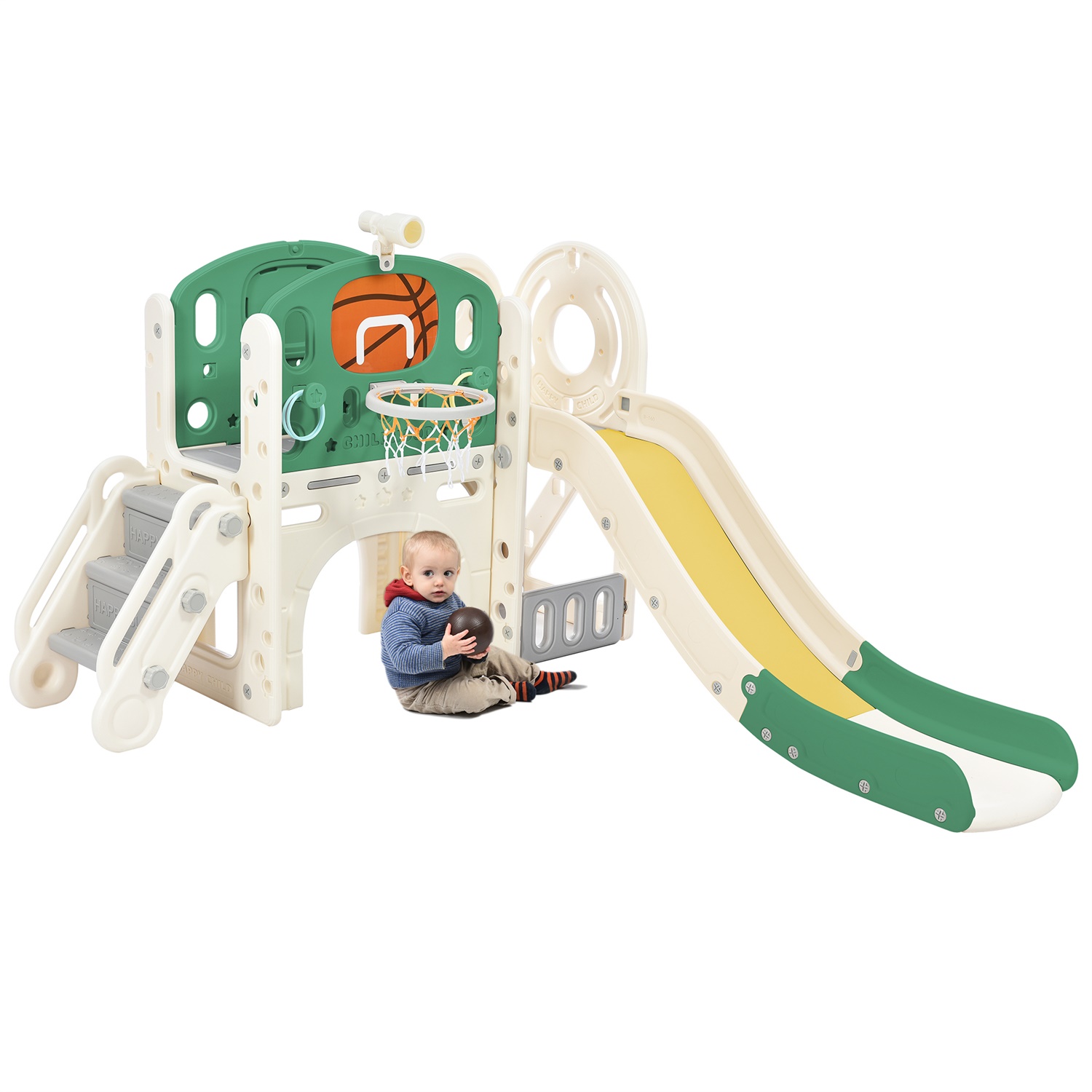 CIPACHO Kids Climbers Playground with Slide, Arch Tunnel, Ring Toss, and Basketball Hoop, Toy Storage Organizer, Green