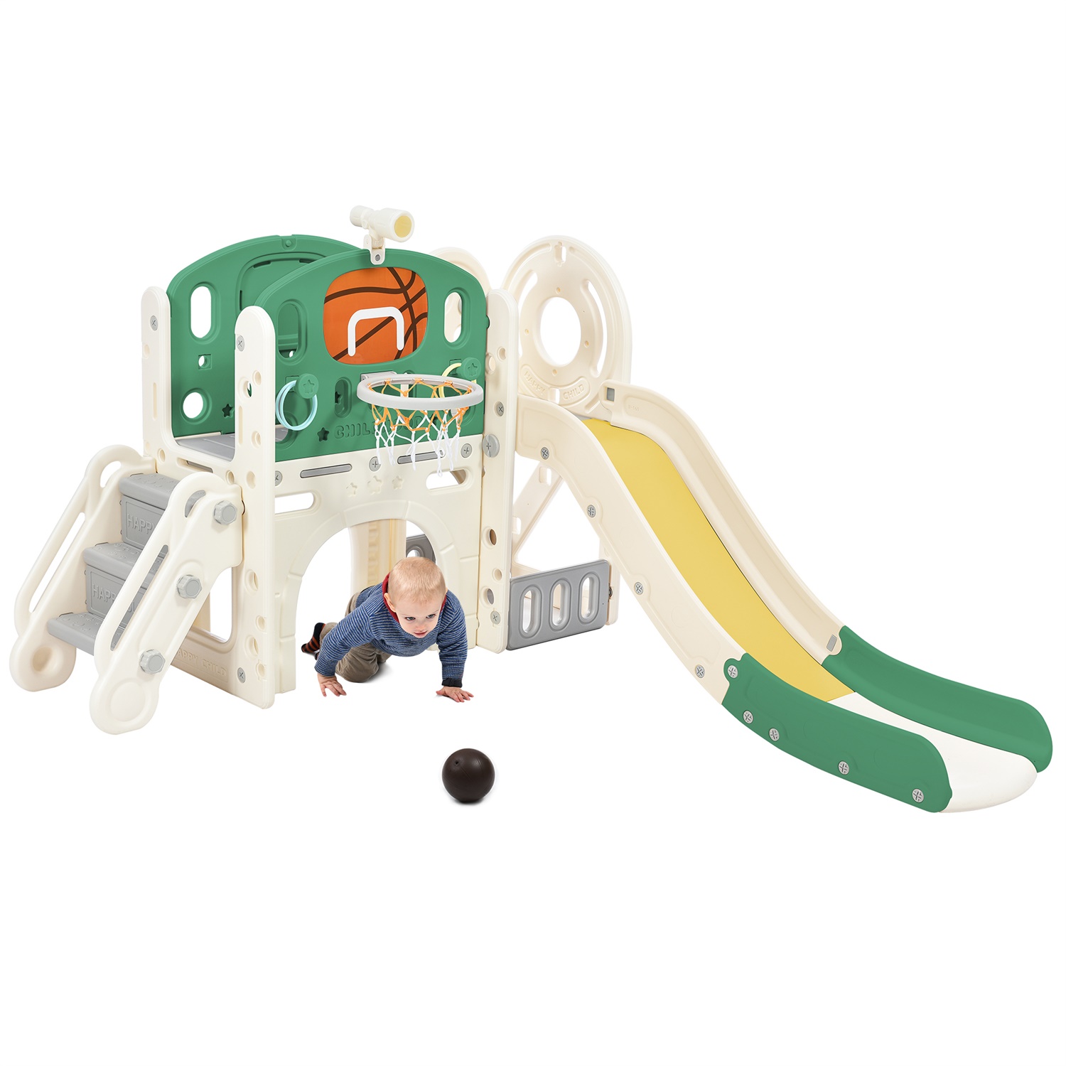 CIPACHO Kids Slide Playset with Slide, Arch Tunnel, Ring Toss, Basketball Hoop, and Toy Storage Organizer for Toddlers, Green