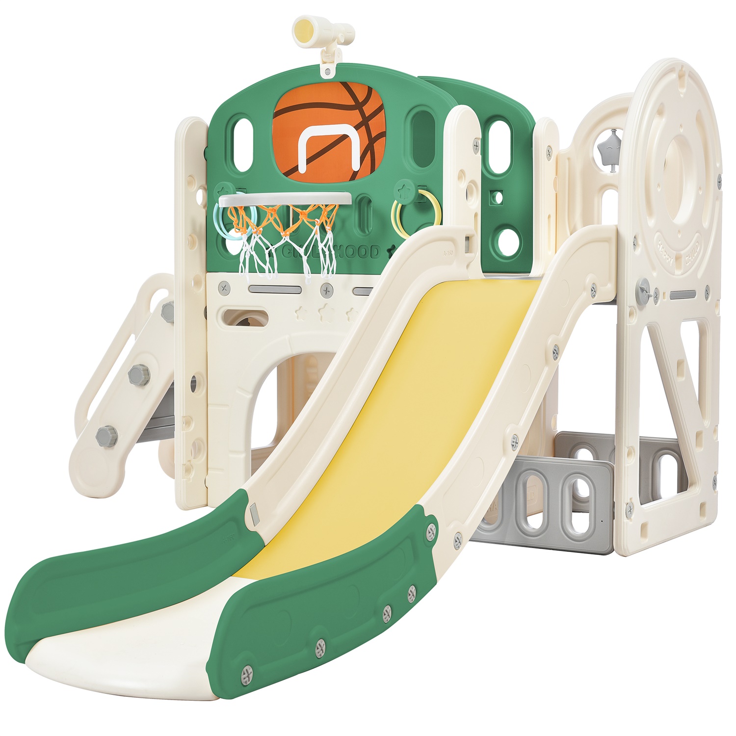 CIPACHO Kids Climbers Playground with Slide, Arch Tunnel, Ring Toss, and Basketball Hoop, Toy Storage Organizer, Green