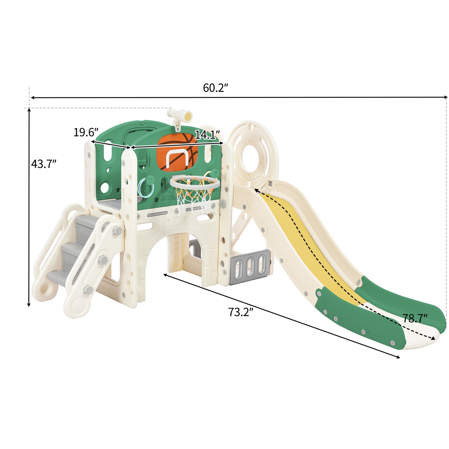 CIPACHO Kids Climbers Playground with Slide, Arch Tunnel, Ring Toss, and Basketball Hoop, Toy Storage Organizer, Green