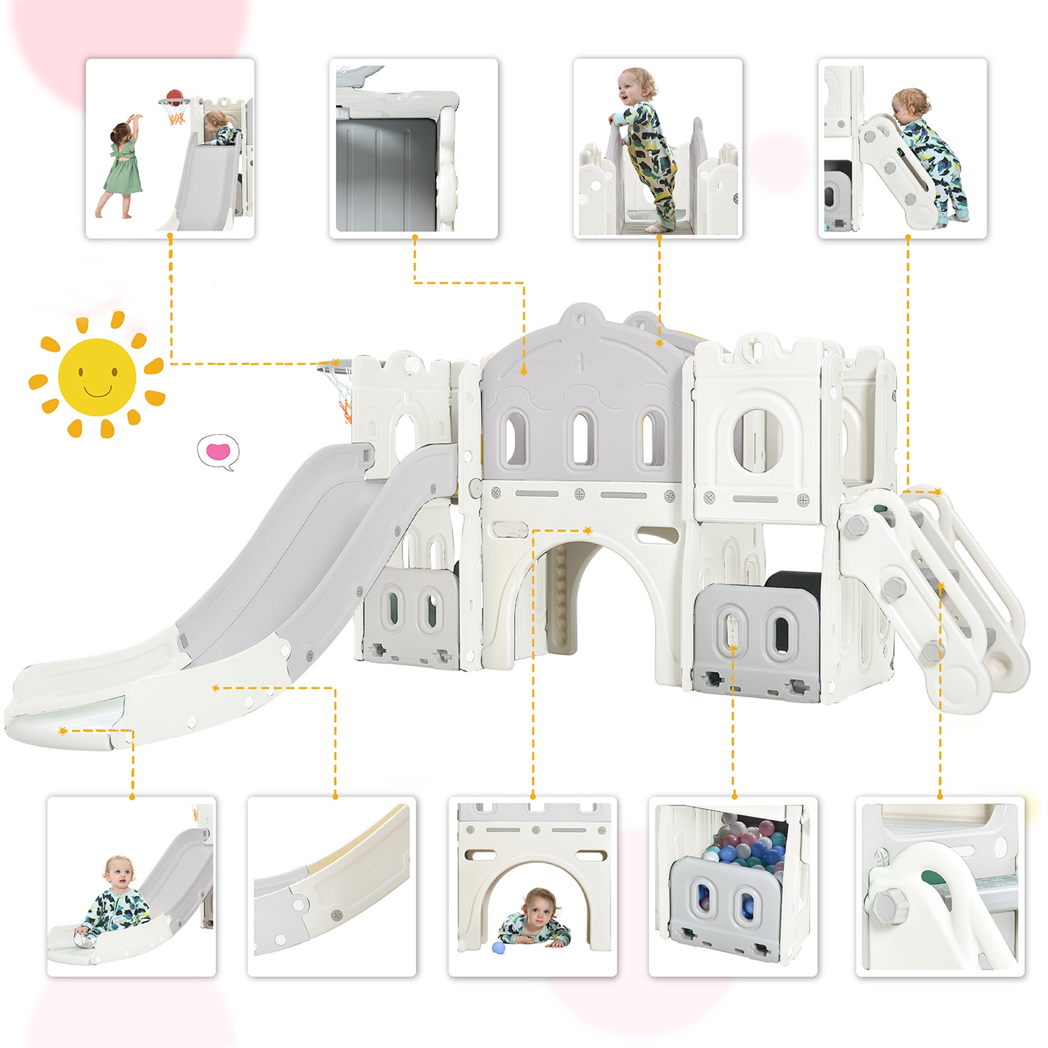 CIPACHO 5 in 1 Kids Slide Playset for Toddler 1-5 Age, Freestanding Castle Climber with Basketball Hoop, Toy Storage Organizer, White