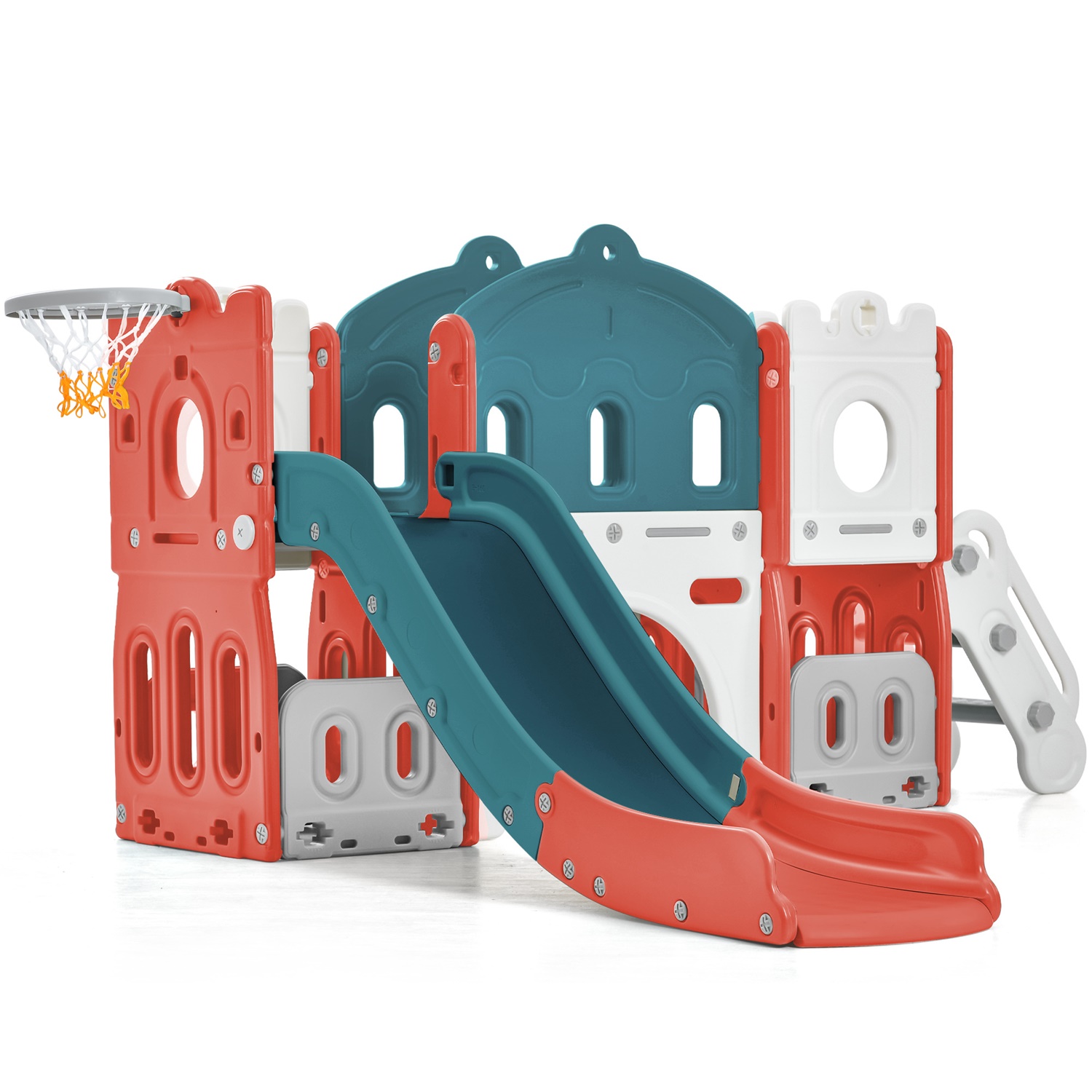 CIPACHO 5 in 1 Kid Slide Playground Set for Toddler 1-5 Age, Kids Climbers Playground with Basketball Hoop, Red