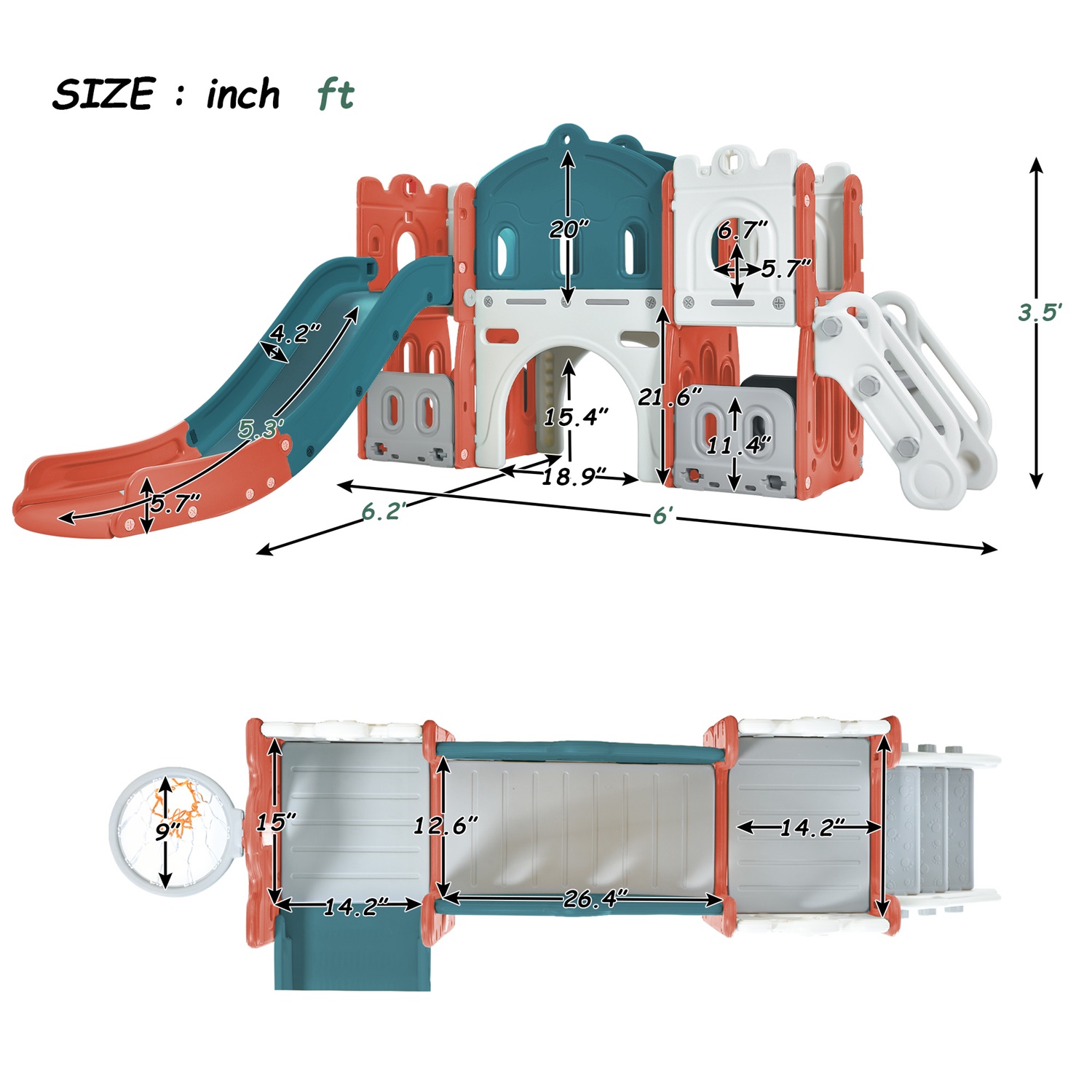 CIPACHO 5 in 1 Kids Slide Playset for Toddler 1-5 Age, Freestanding Castle Climber with Basketball Hoop, Toy Storage Organizer, Red