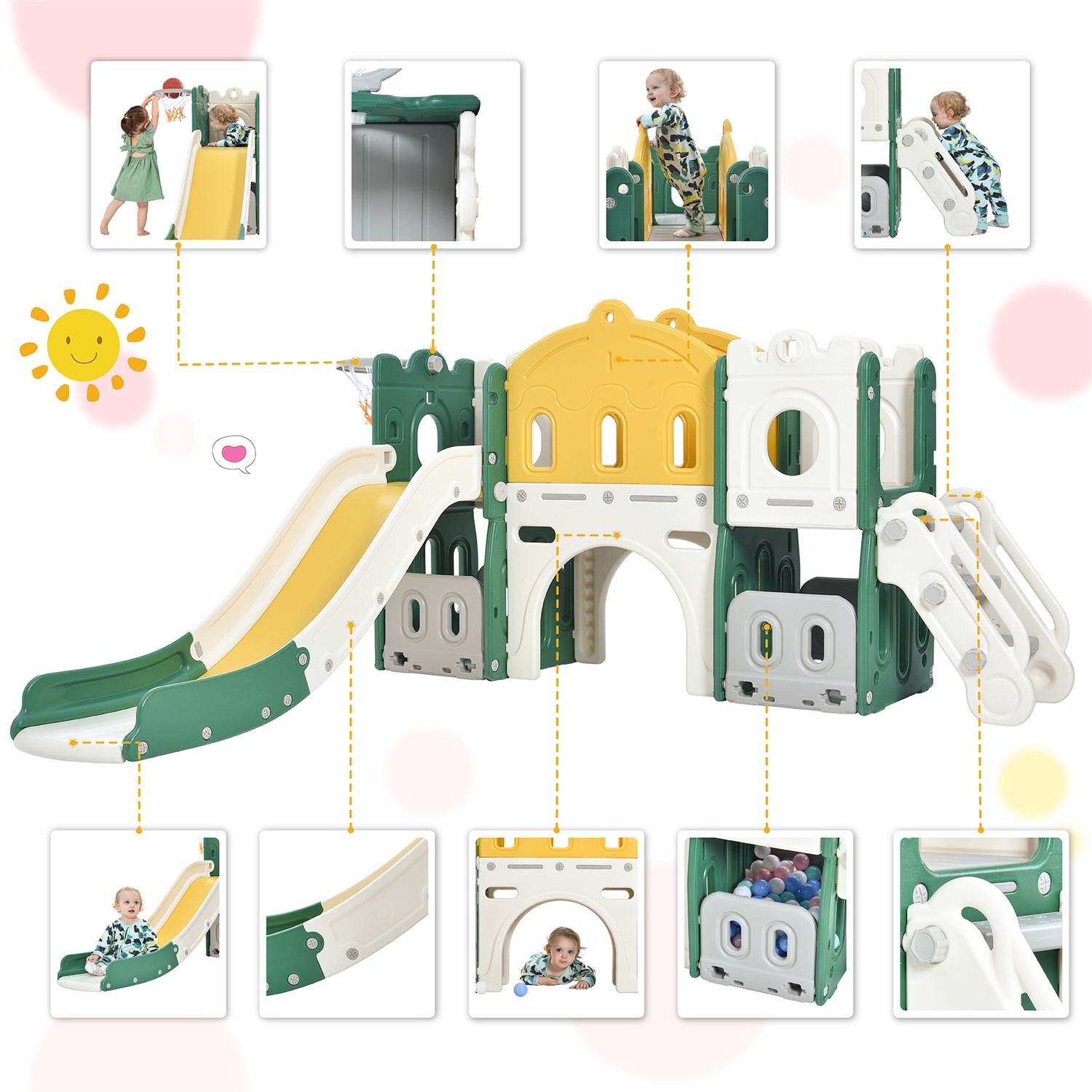 CIPACHO 5 in 1 Kids Slide Playset for Toddler 1-5 Age, Freestanding Castle Climber with Basketball Hoop, Toy Storage Organizer, Green