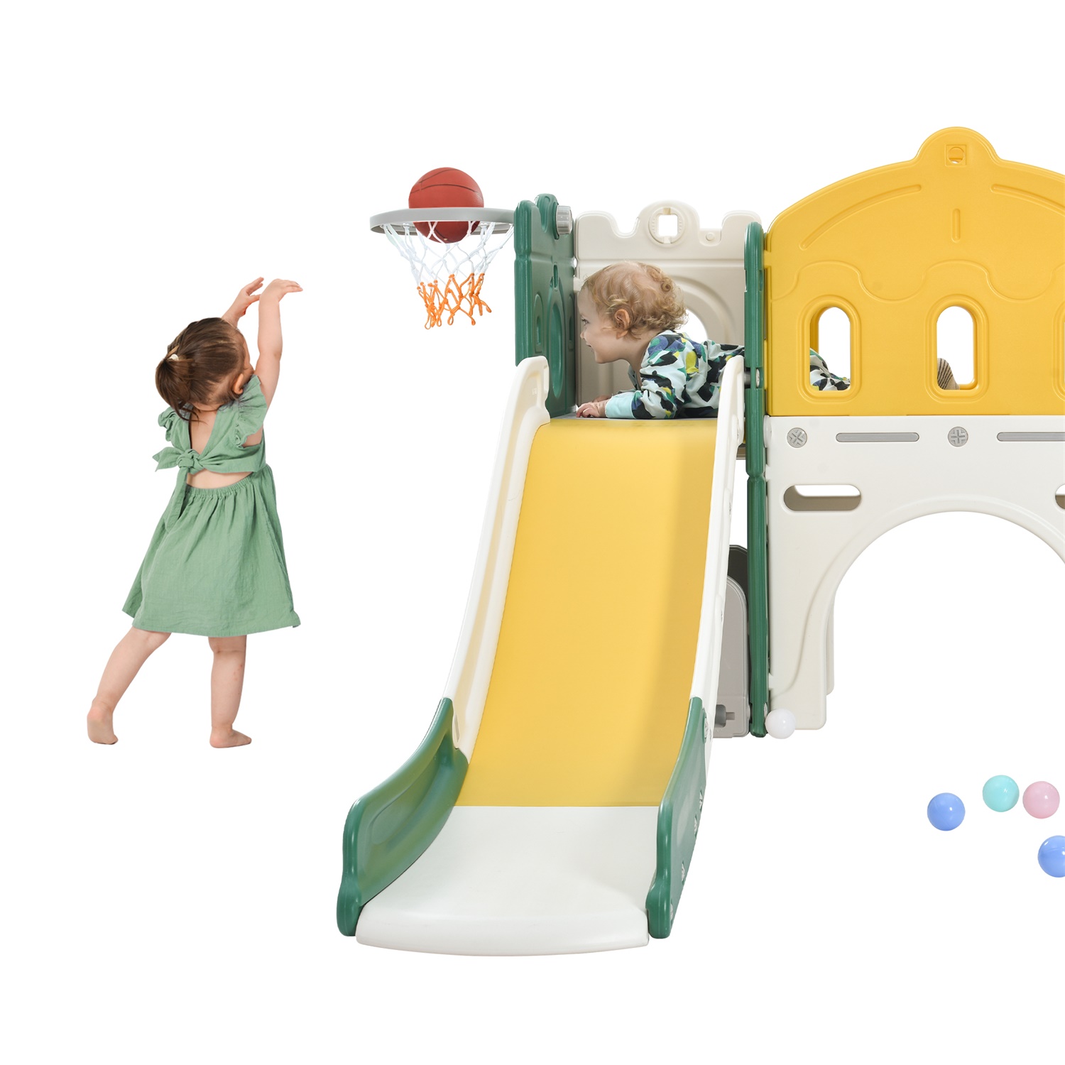 CIPACHO 5 in 1 Kids Slide Playset for Toddler 1-5 Age, Freestanding Castle Climber with Basketball Hoop, Toy Storage Organizer, Green