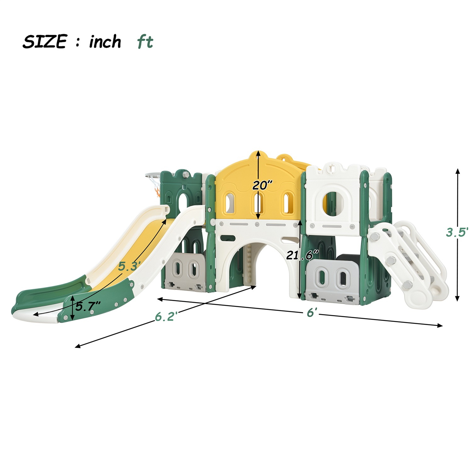 CIPACHO 5 in 1 Kid Slide Playground Set for Toddler 1-5 Age, Kids Climbers Playground with Basketball Hoop, Green