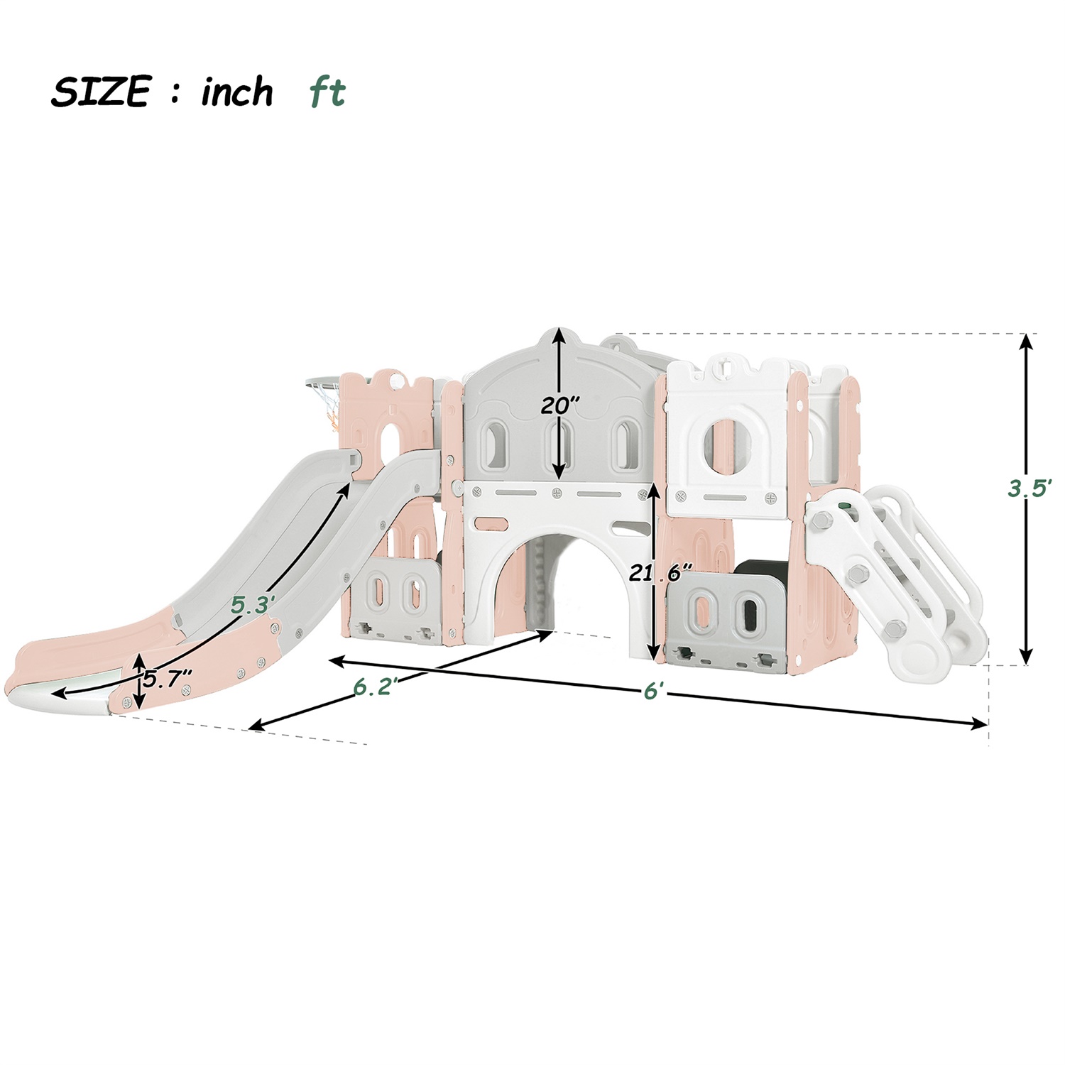 CIPACHO 5 in 1 Kids Slide Playset for Toddler 1-5 Age, Freestanding Castle Climber with Basketball Hoop, Toy Storage Organizer, Pink