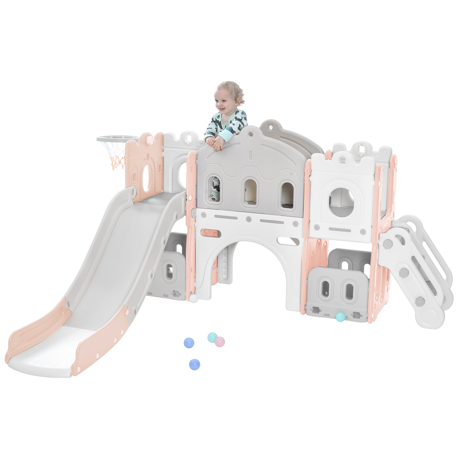 CIPACHO 5 in 1 Kids Slide Playset for Toddler 1-5 Age, Freestanding Castle Climber with Basketball Hoop, Toy Storage Organizer, Pink