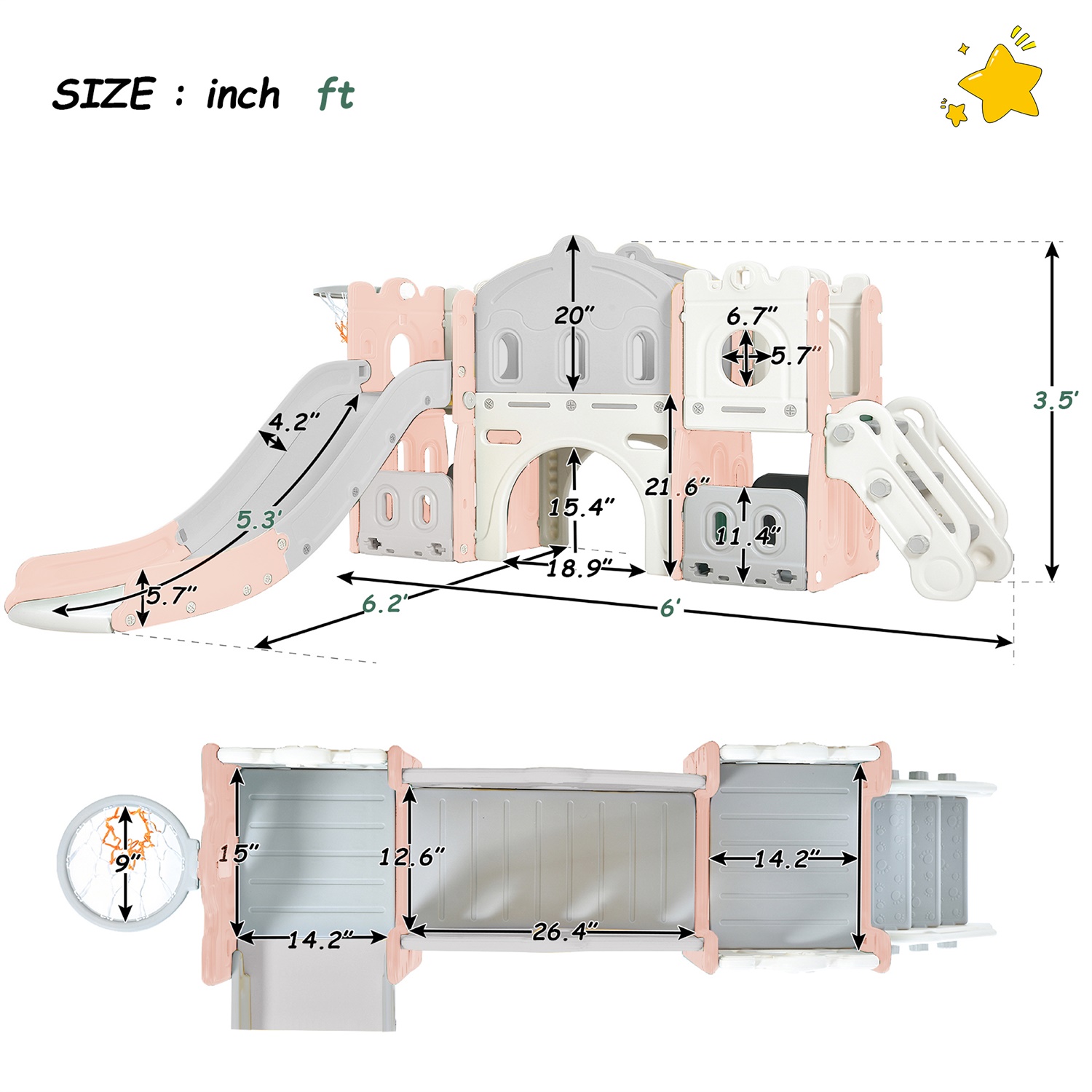 CIPACHO 5 in 1 Kids Slide Playset for Toddler 1-5 Age, Freestanding Castle Climber with Basketball Hoop, Toy Storage Organizer, Pink