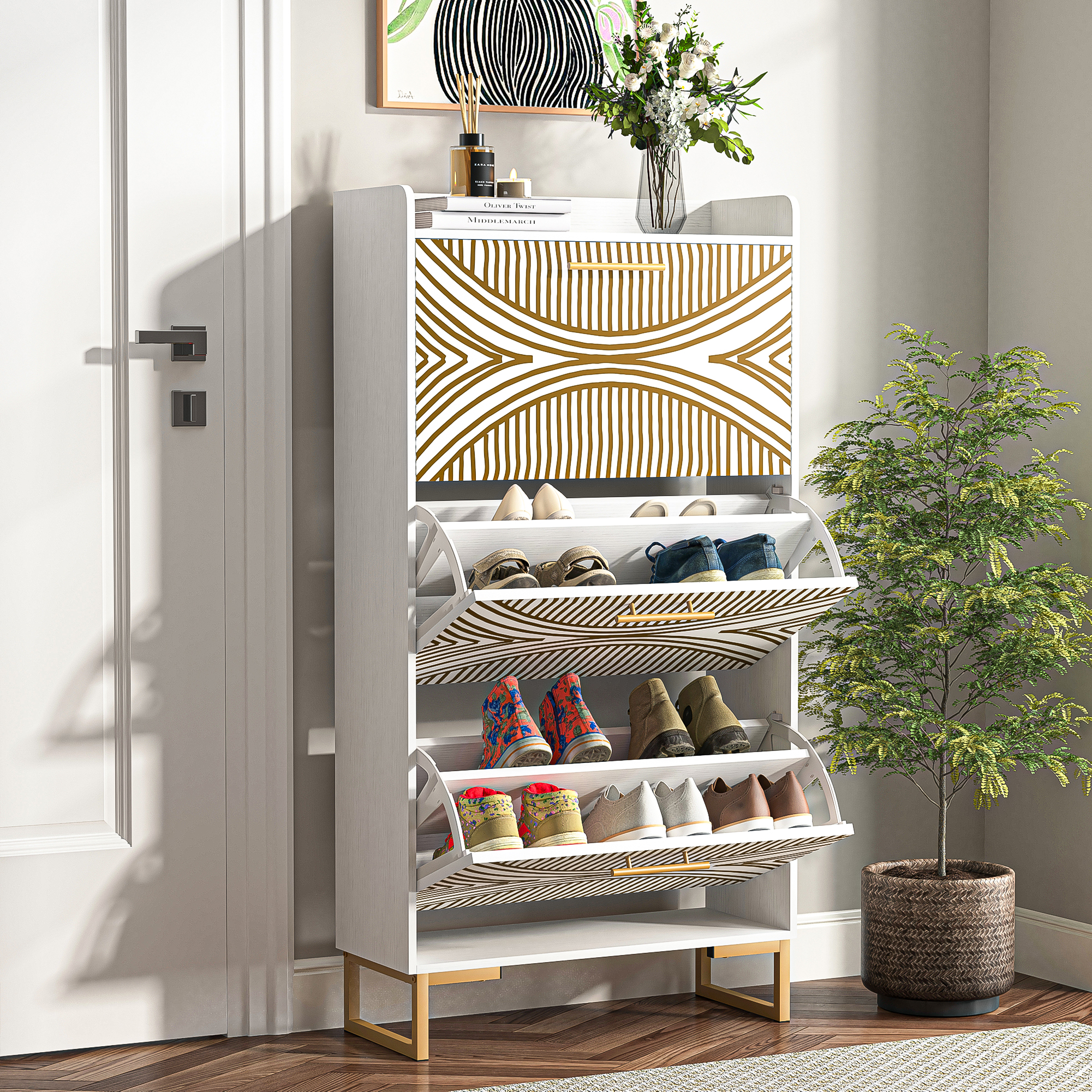 Yardi Yard Wood Shoe Storage Cabinet, Narrow Closet Shoe Organizer Rack for Entryway, Beige