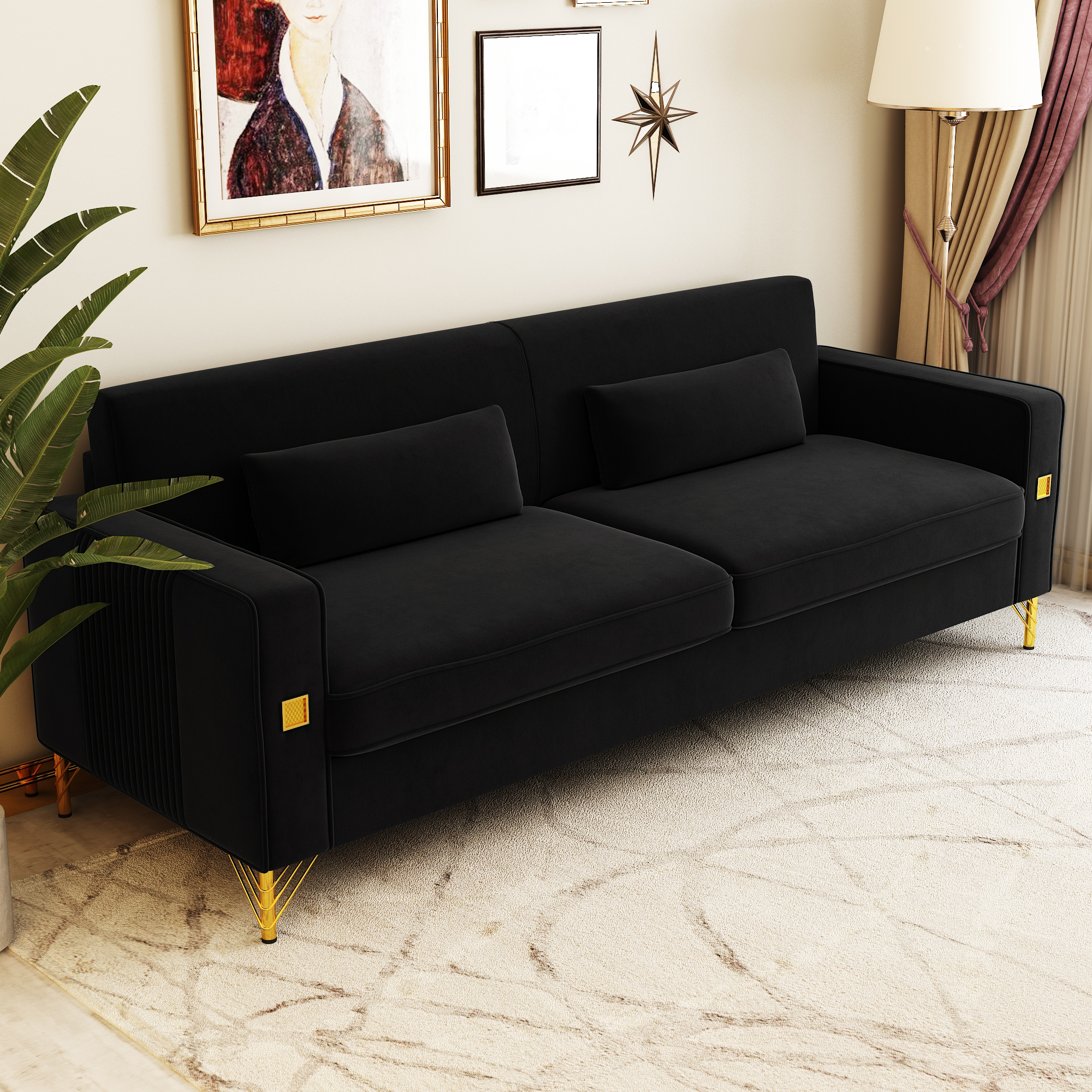 YYAo Convertible Sectional Sofa Couch, Modern Velvet Futon with Reversible Chaise for Living Room, Apartment and Small Space, Black