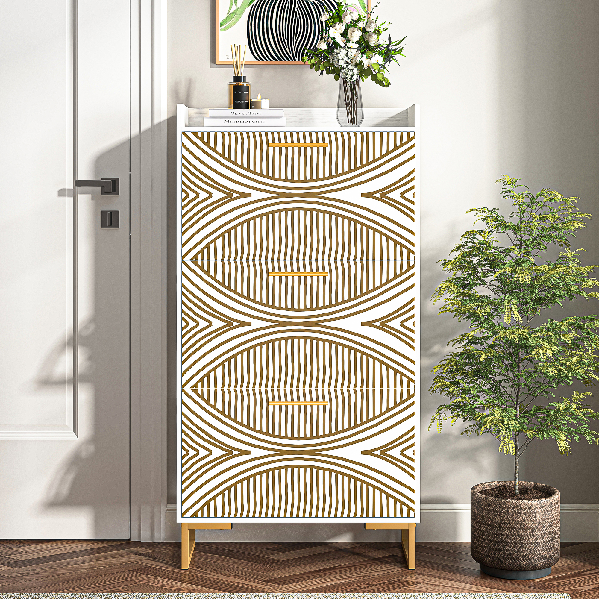 Spaco 3-Flip Drawers Shoe Rack Shoe Storage Cabinet for Entryway Slim Pattern, Beige