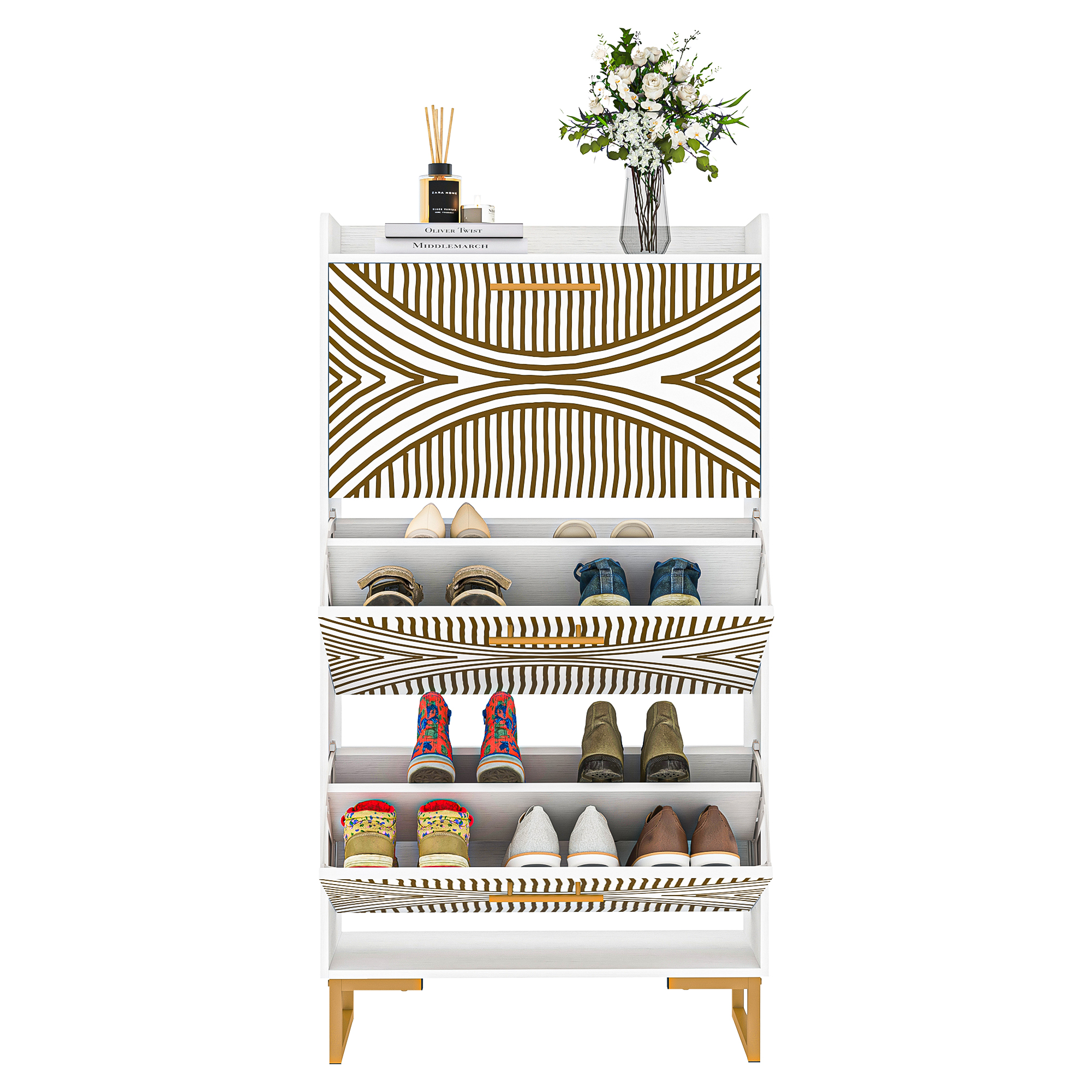 Spaco 3-Flip Drawers Shoe Rack Shoe Storage Cabinet for Entryway Slim Pattern, Beige