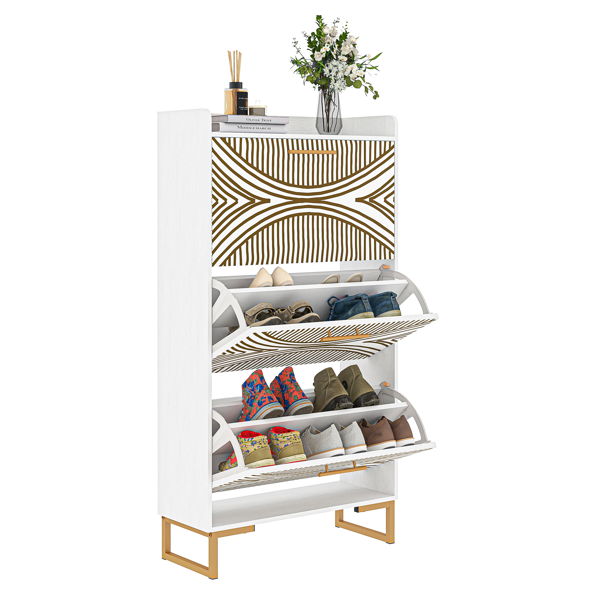 Spaco 3-Flip Drawers Shoe Rack Shoe Storage Cabinet for Entryway Slim Pattern, Beige