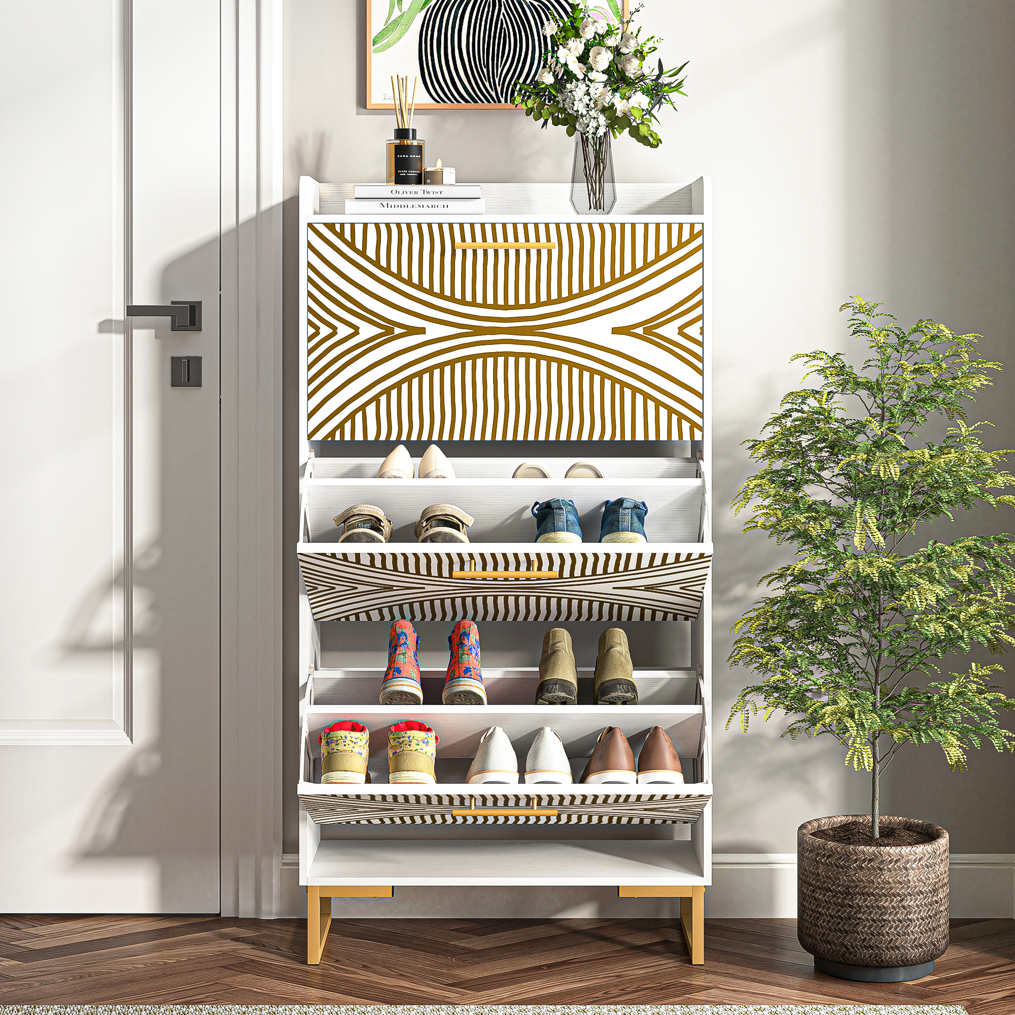 Spaco 3-Flip Drawers Shoe Rack Shoe Storage Cabinet for Entryway Slim Pattern, Beige